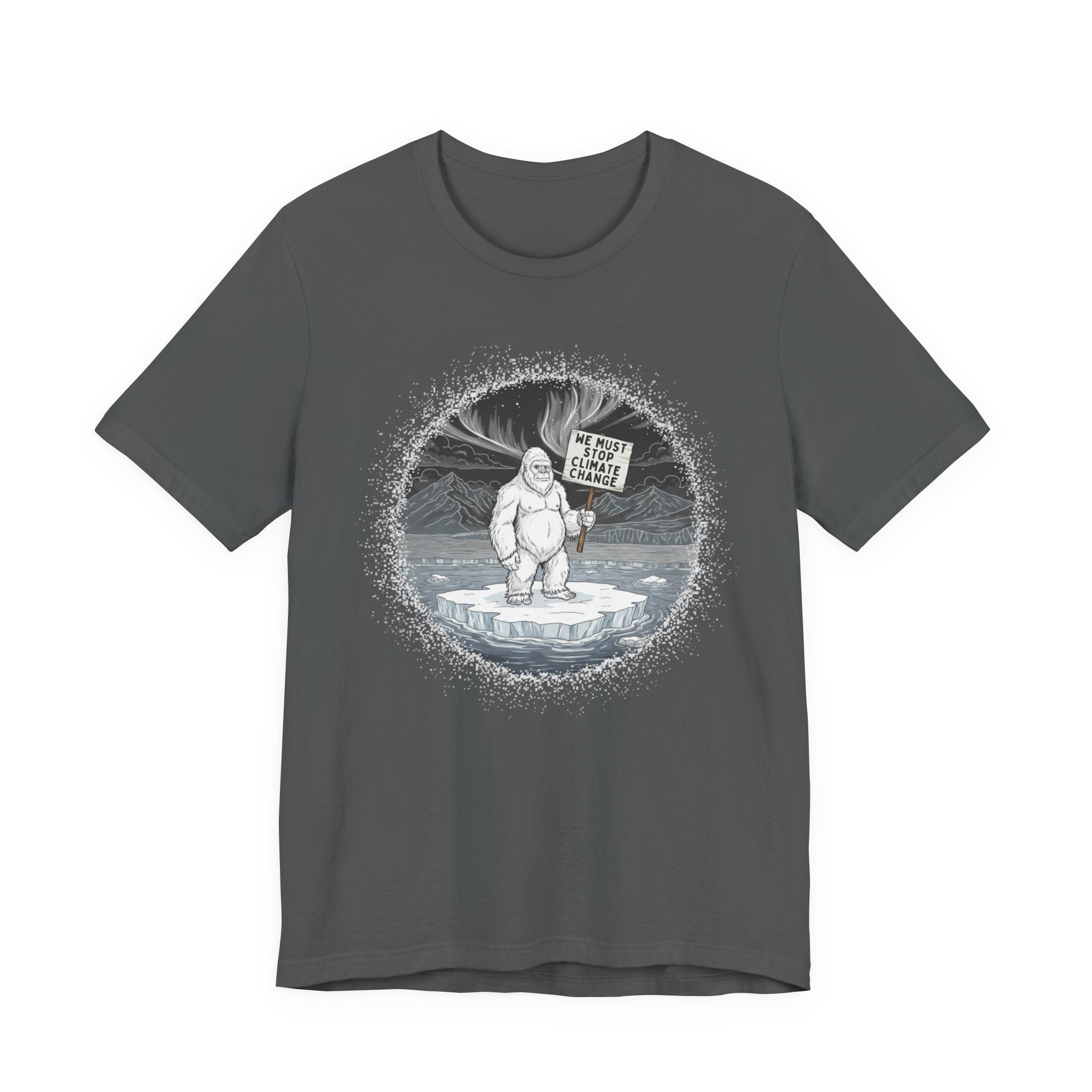 Gray t-shirt with a graphic of a Yeti on an ice floe holding a sign with the text "We must stop climate change" by Soon To Be Mythical