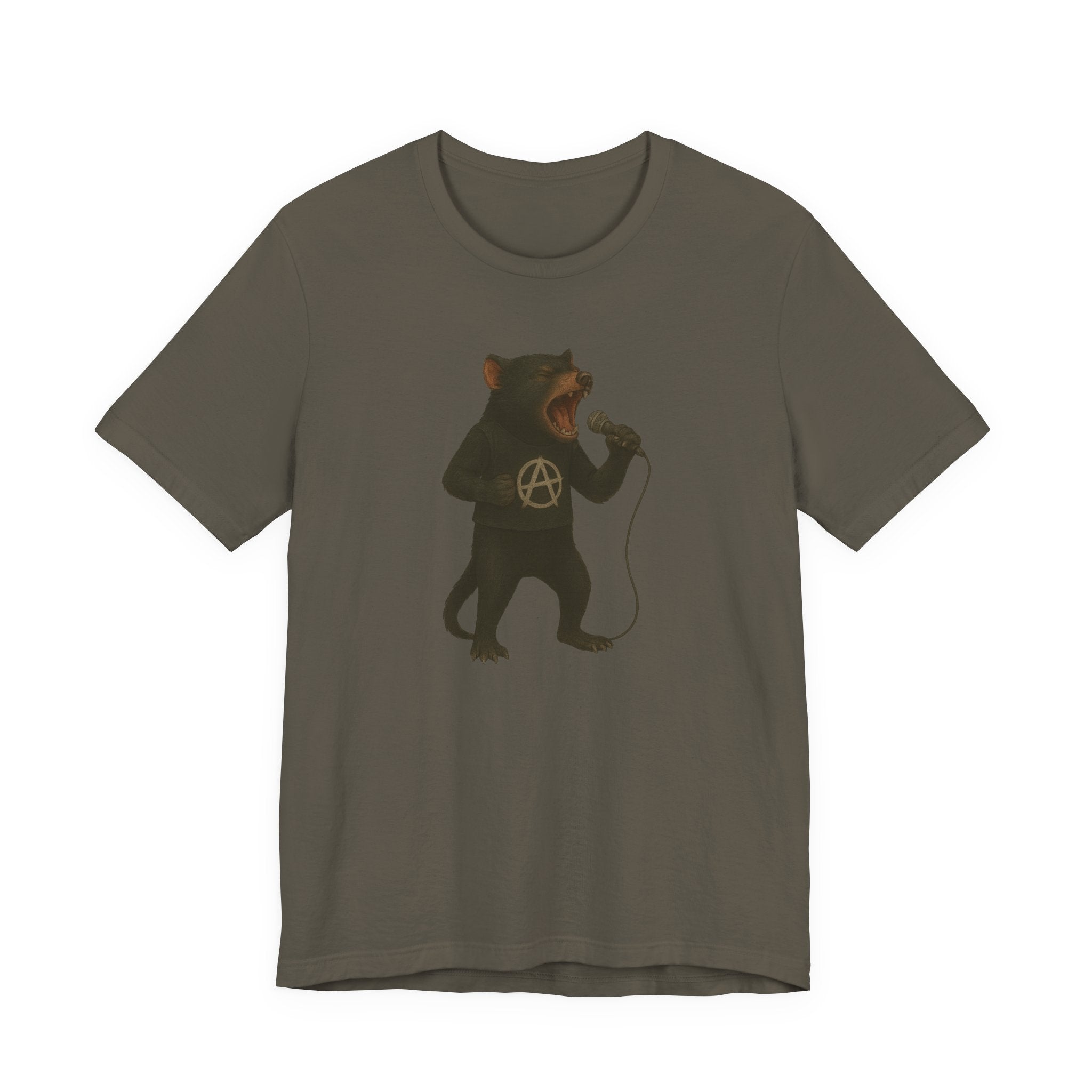 Army green t-shirt with a tasmanian devil singing lead vocals for an anarcho-punk band on a white background
