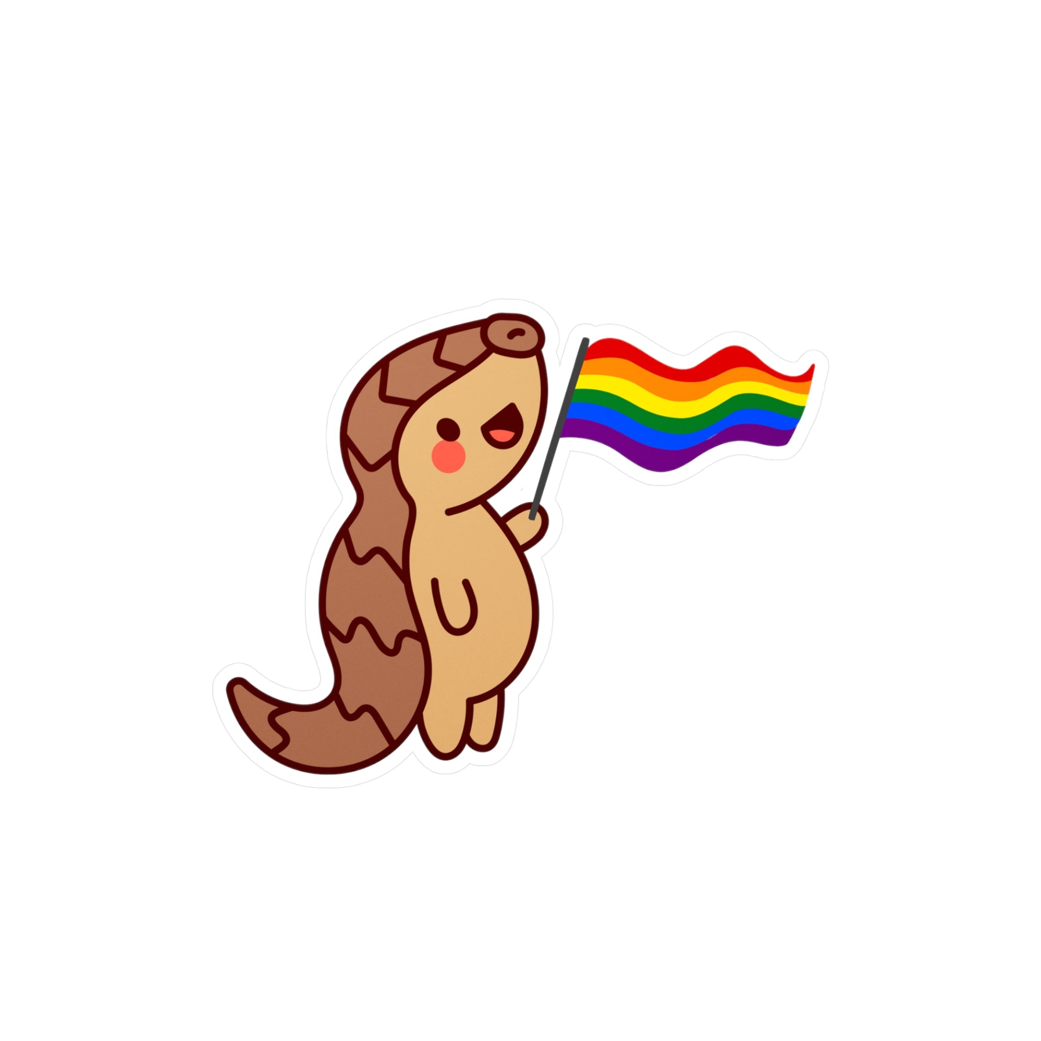 Sticker of a cartoon pangolin holding a rainbow Pride flag by Soon To Be Mythical