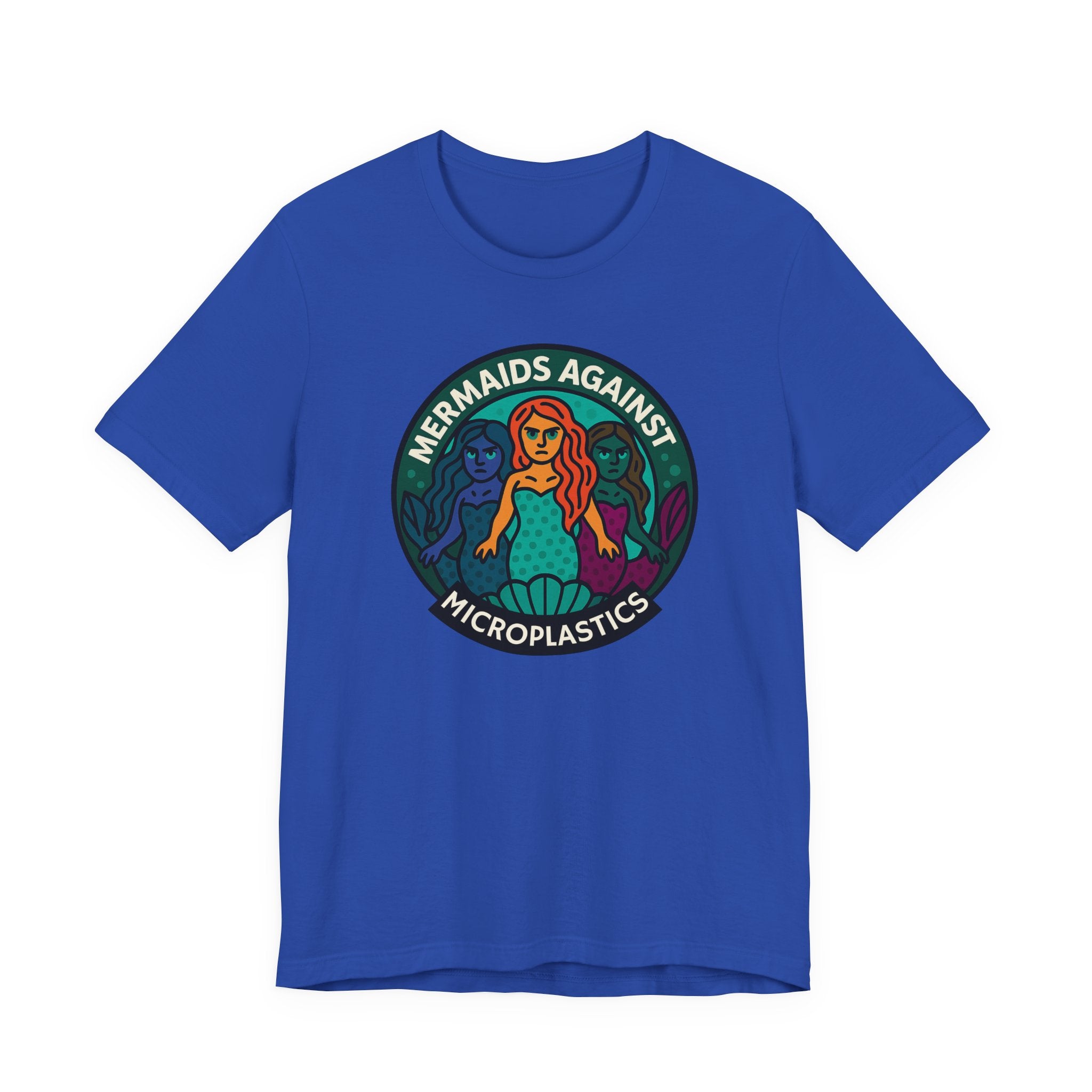 Blue t-shirt with mermaid graphic and text 'Mermaids Against Microplastics' by Soon To Be Mythical