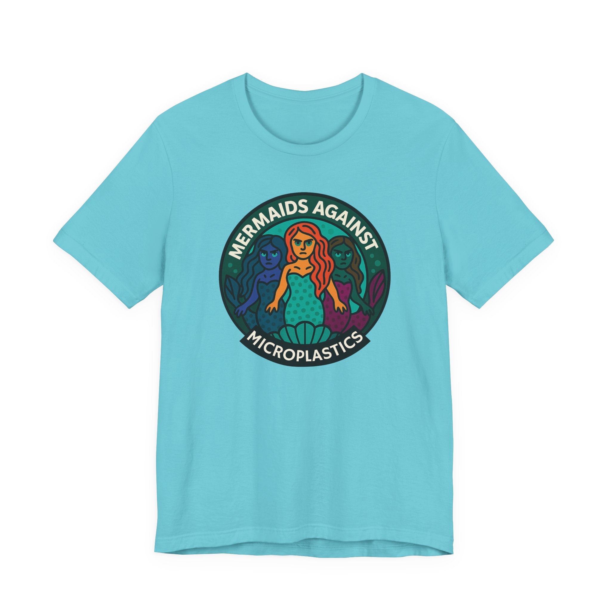 Turquoise t-shirt with mermaid graphic and text 'Mermaids Against Microplastics' by Soon To Be Mythical