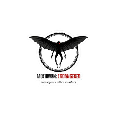 Vinyl sticker of Mothman silhouette with 'Mothman: Endangered - only appears before disasters' text by Soon To Be Mythical
