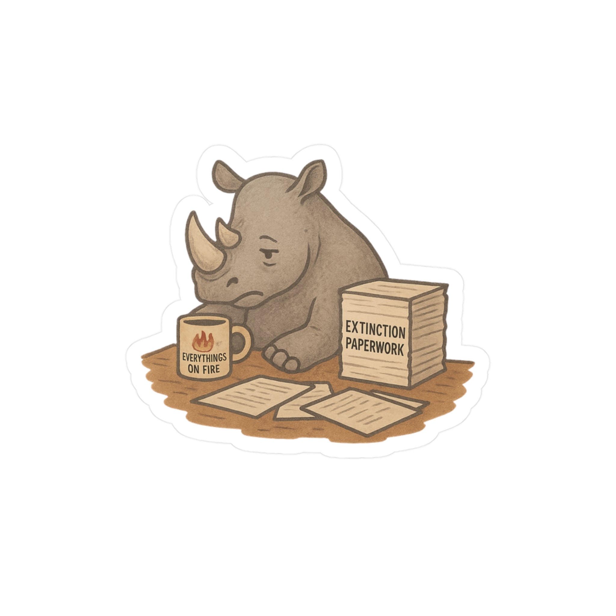 Vinyl sticker illustration of a rhino sitting at a desk with a mug that says &quot;everything&#39;s on fire&quot; and stack of papers on a white background