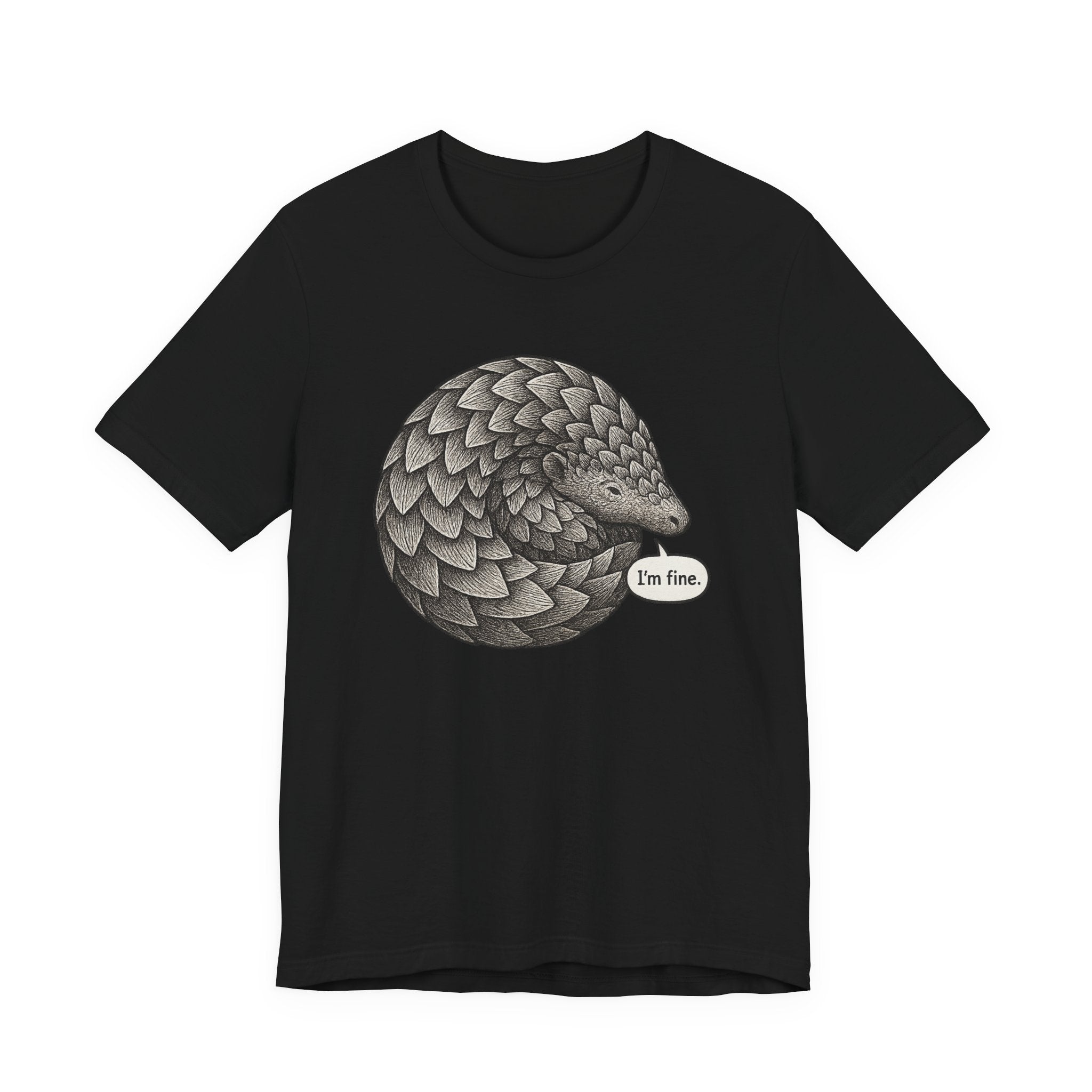 Black t-shirt with a pangolin graphic and &#39;I&#39;m fine&#39; text on a white background
