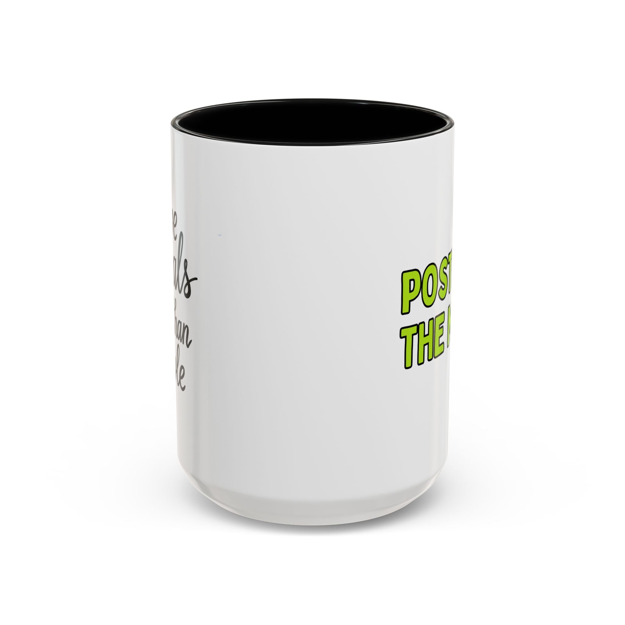 White mug with black interior and handle, featuring the text &#39;I love animals more than people&#39; on one side and &quot;Postpone the myth&quot; on the other side on a white background.
