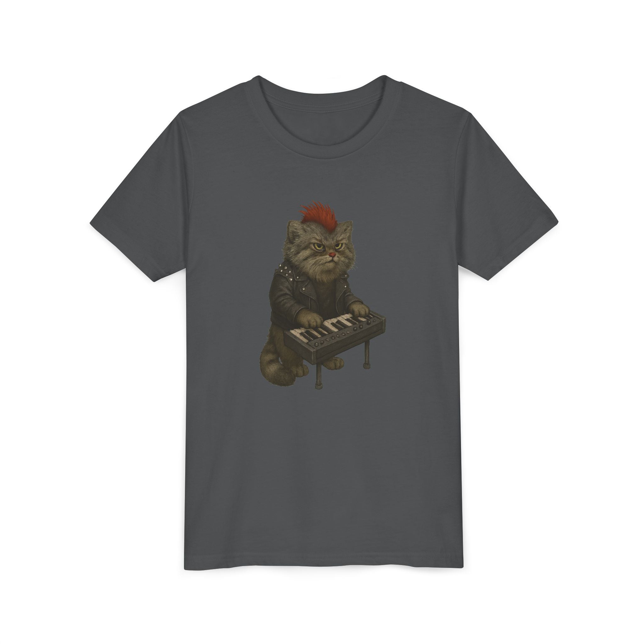 Dark gray kids t-shirt with a graphic of a pallas&#39;s cat playing keyboards on a white background