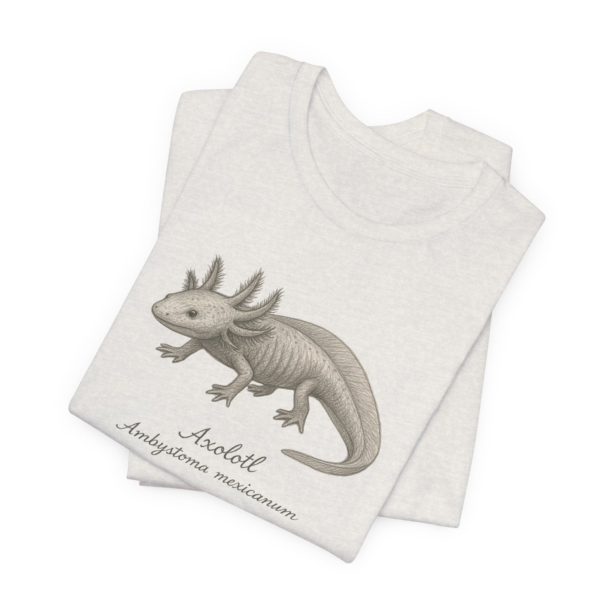 Folded heathered beige t-shirt with axolotl graphic and text on a white background