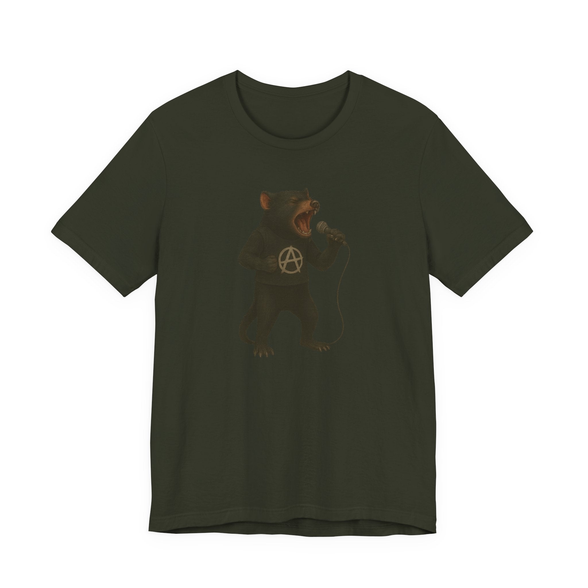 Dark green t-shirt with a tasmanian devil singing lead vocals for an anarcho-punk band on a white background