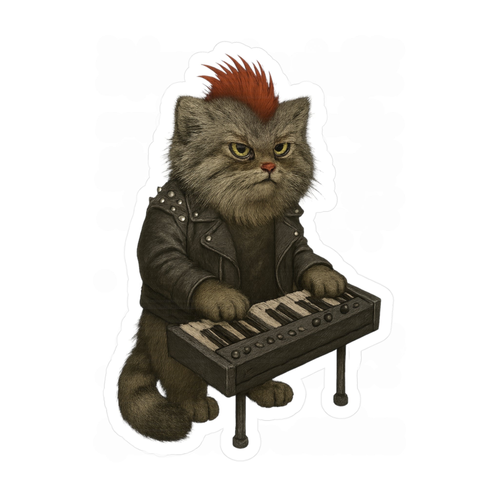Vinyl sticker graphic of a pallas&#39;s cat playing keyboards on a white background