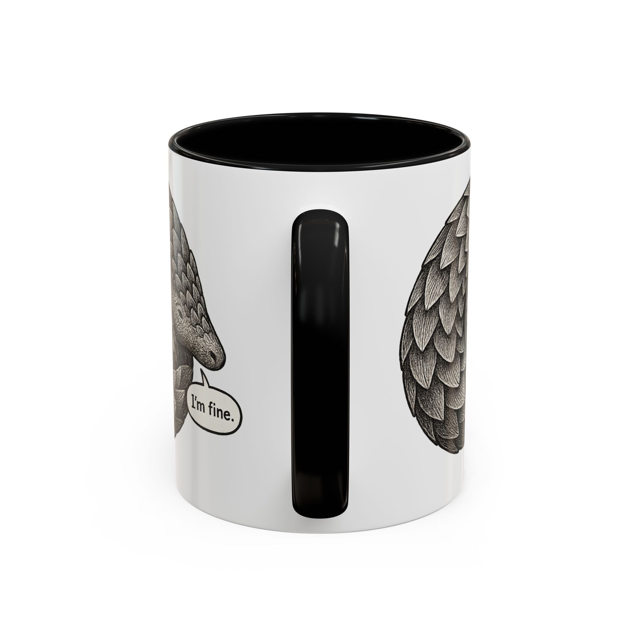 White mug with black color accented interior and handle that features the design of a pangolin graphic curled up into a ball with the text "I'm fine."