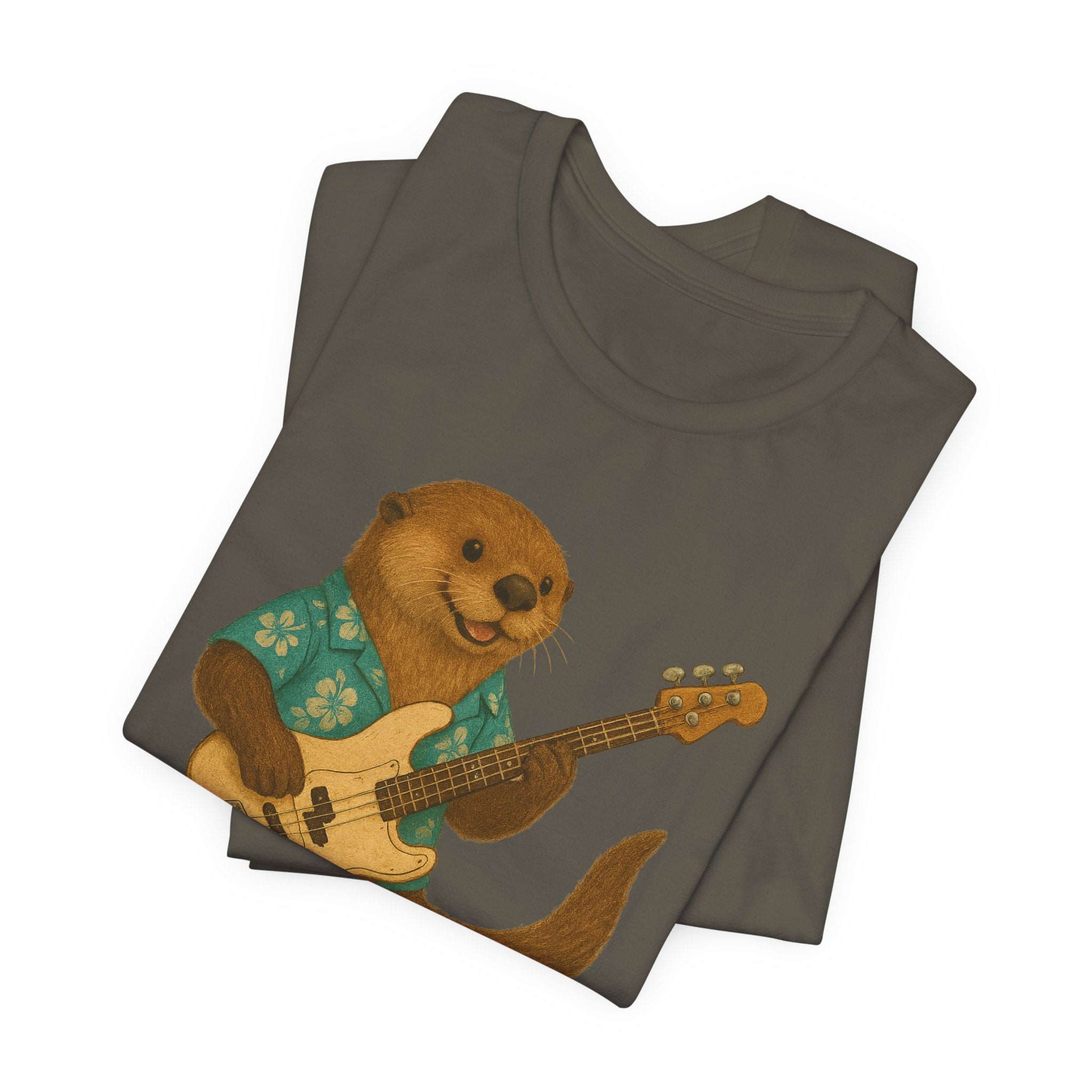Army t-shirt with a sea otter wearing a hawaiian shirt and playing a bass guitar graphic on a white background