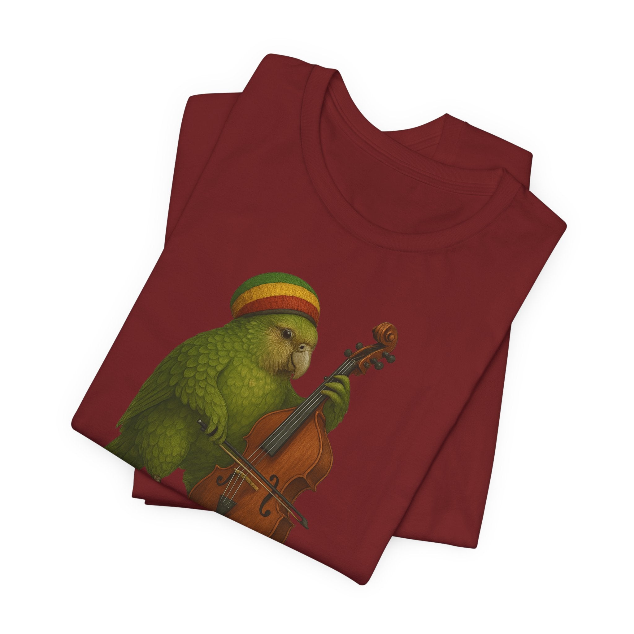 Cardinal red t-shirt with a kakapo in a raggae hat playing an upright bass on a white background