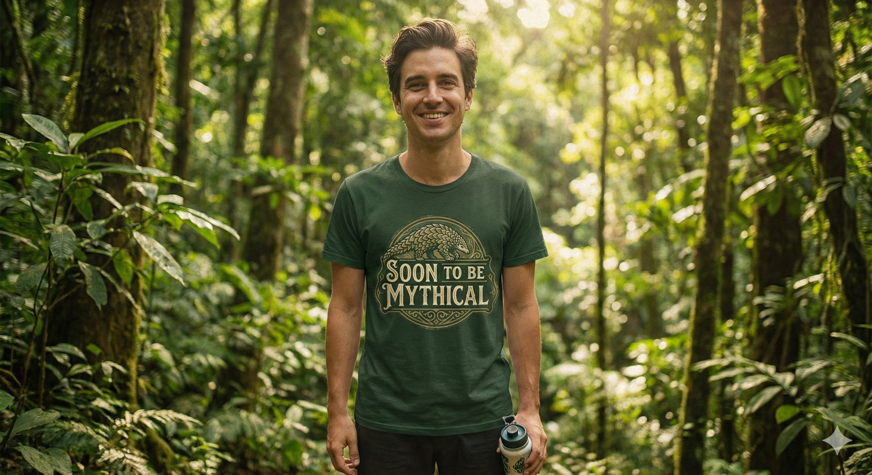 Man standing in a forest wearing a green t-shirt with 'Soon to be Mythical' vintage logo with a pangolin