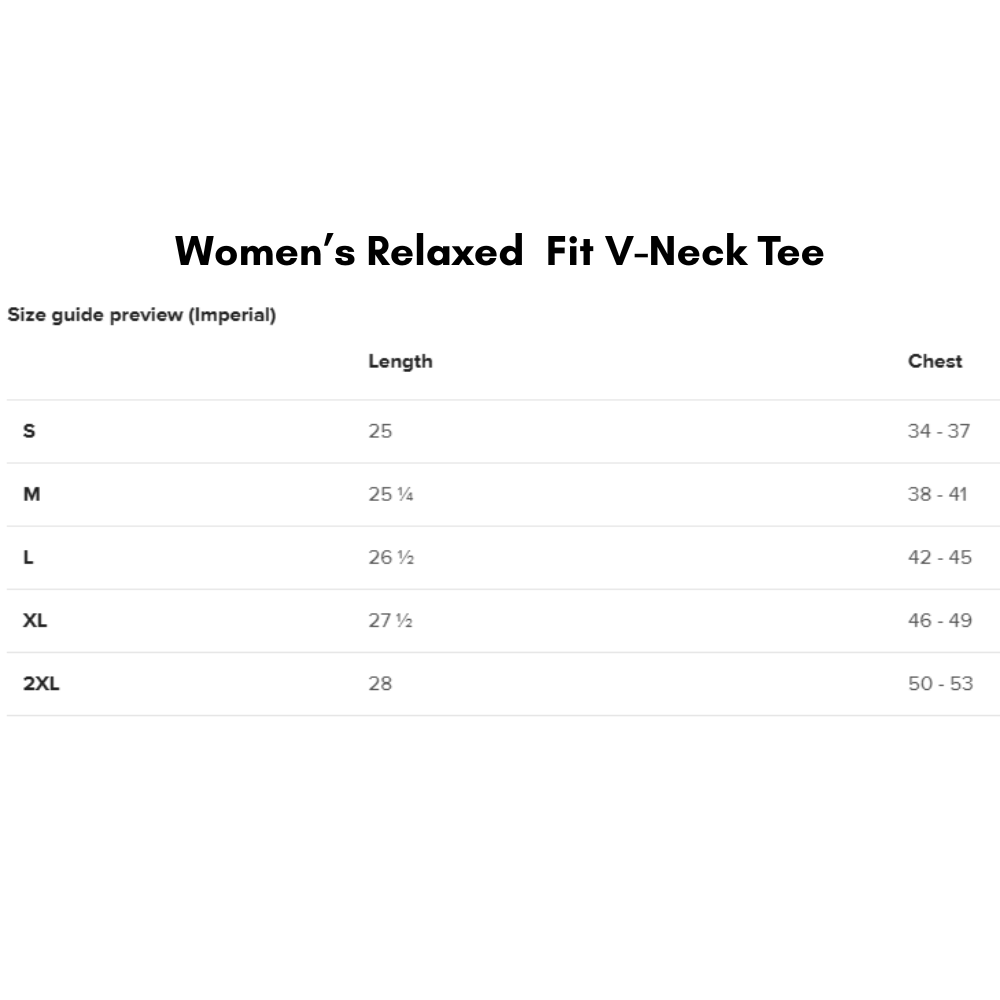 Size guide for women's relaxed fit V-neck tee with measurements in inches and chest circumference.
