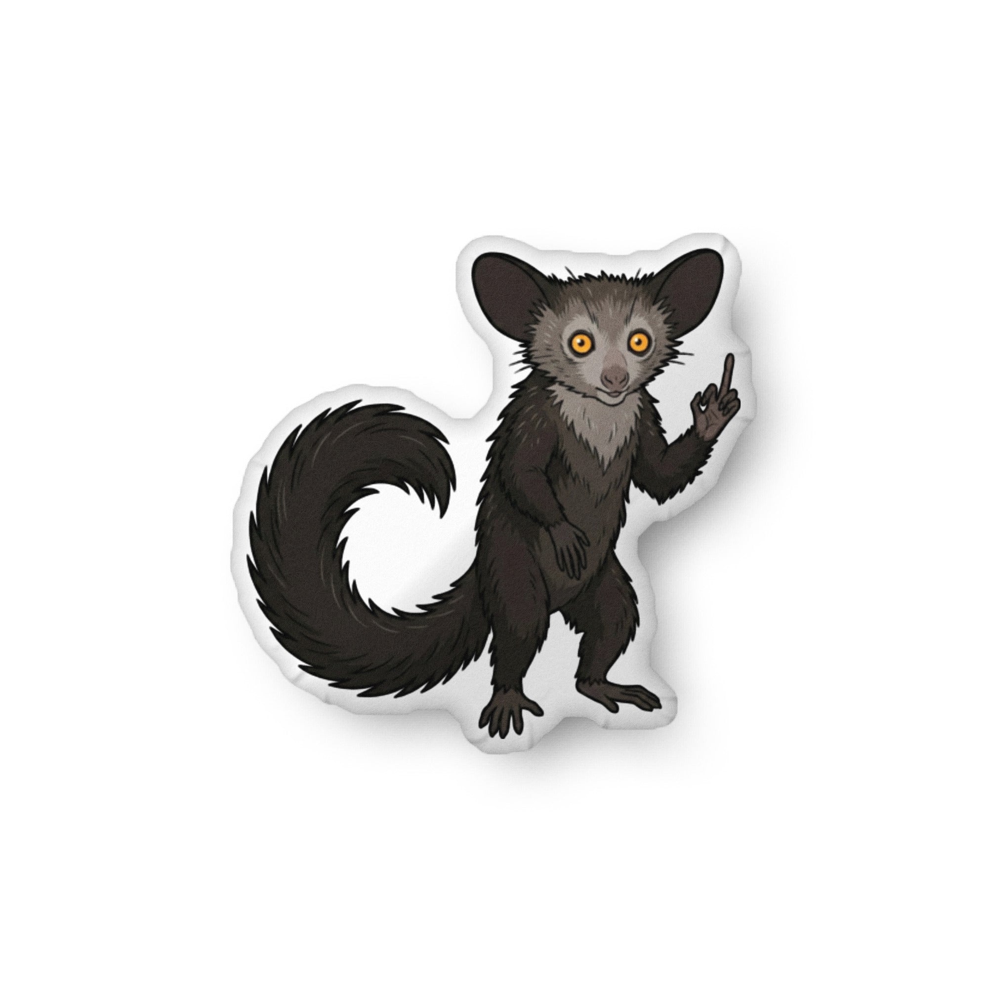 Illustration of an aye-aye lemur on a shaped pillow by Soon To Be Mythical