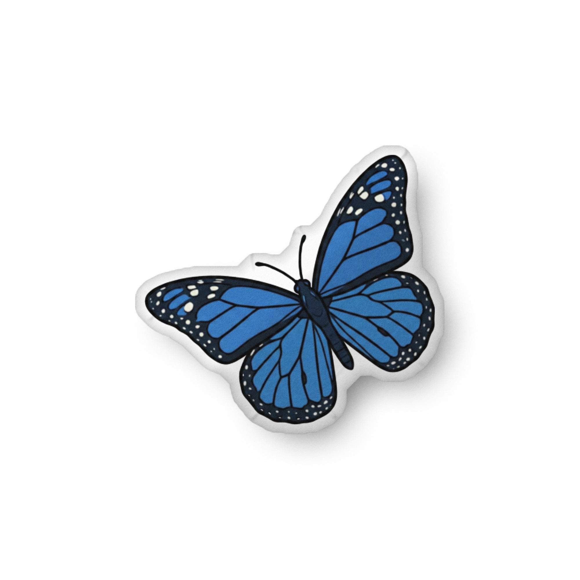 Sapphire Butterfly illustration on a shaped pillow by Soon To Be Mythical