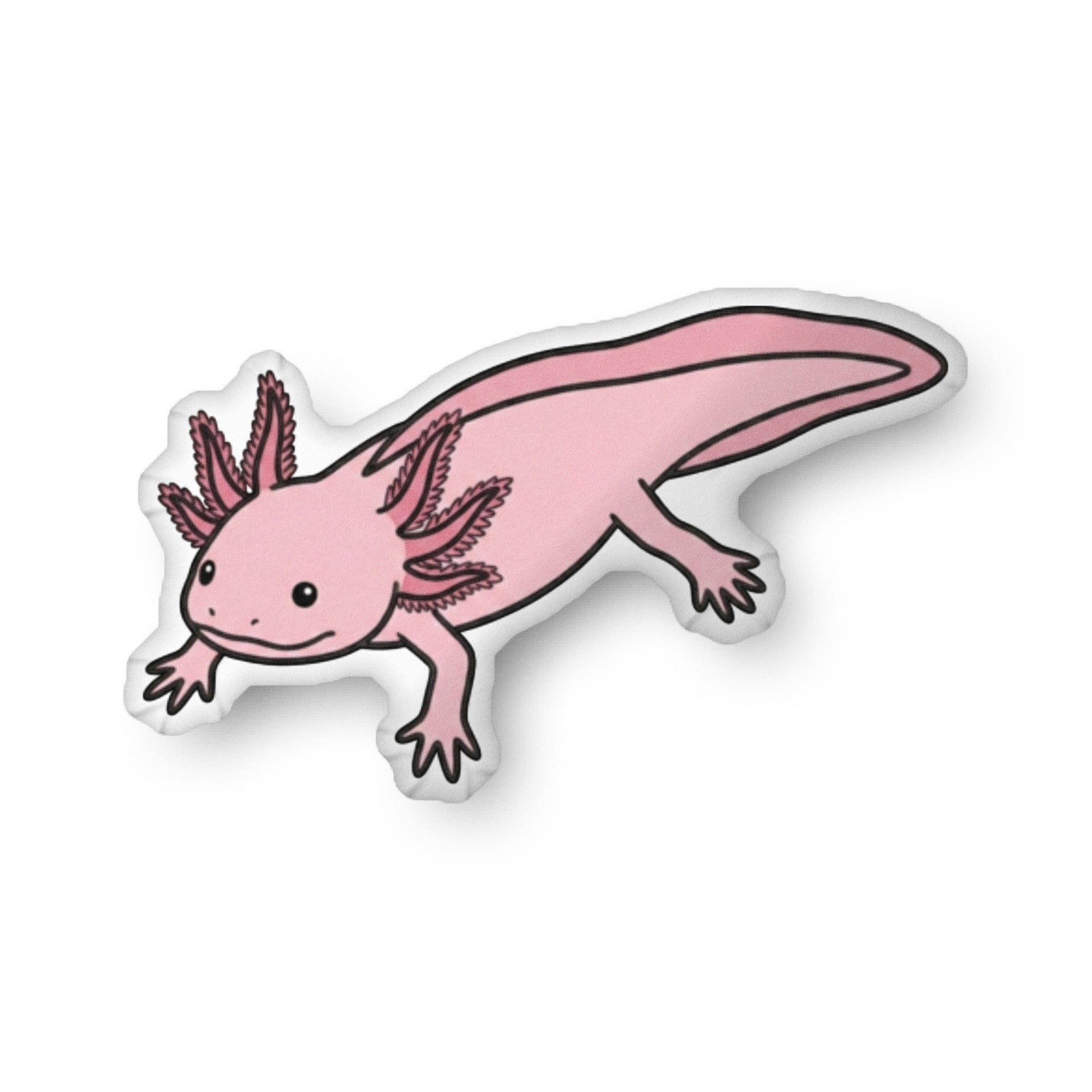 Pink axolotl illustration on a shaped pillow by Soon To Be Mythical