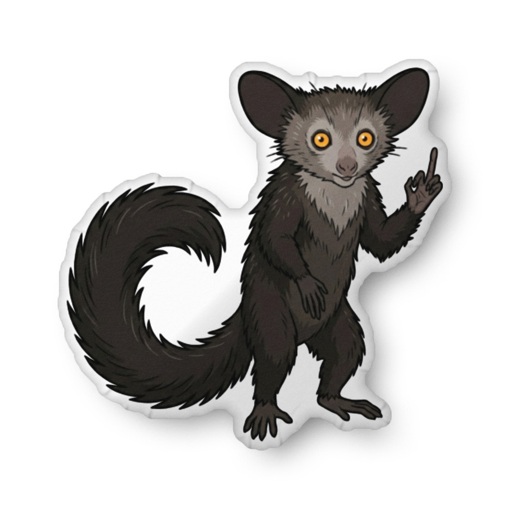 Illustration of an aye-aye lemur on a shaped pillow by Soon To Be Mythical