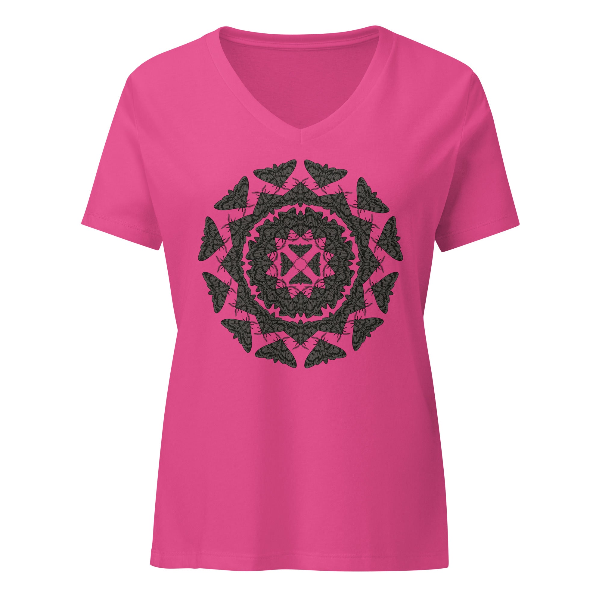 Pink t-shirt with a geometric pattern of the Blackburn's sphynx moth by Soon To Be Mythical
