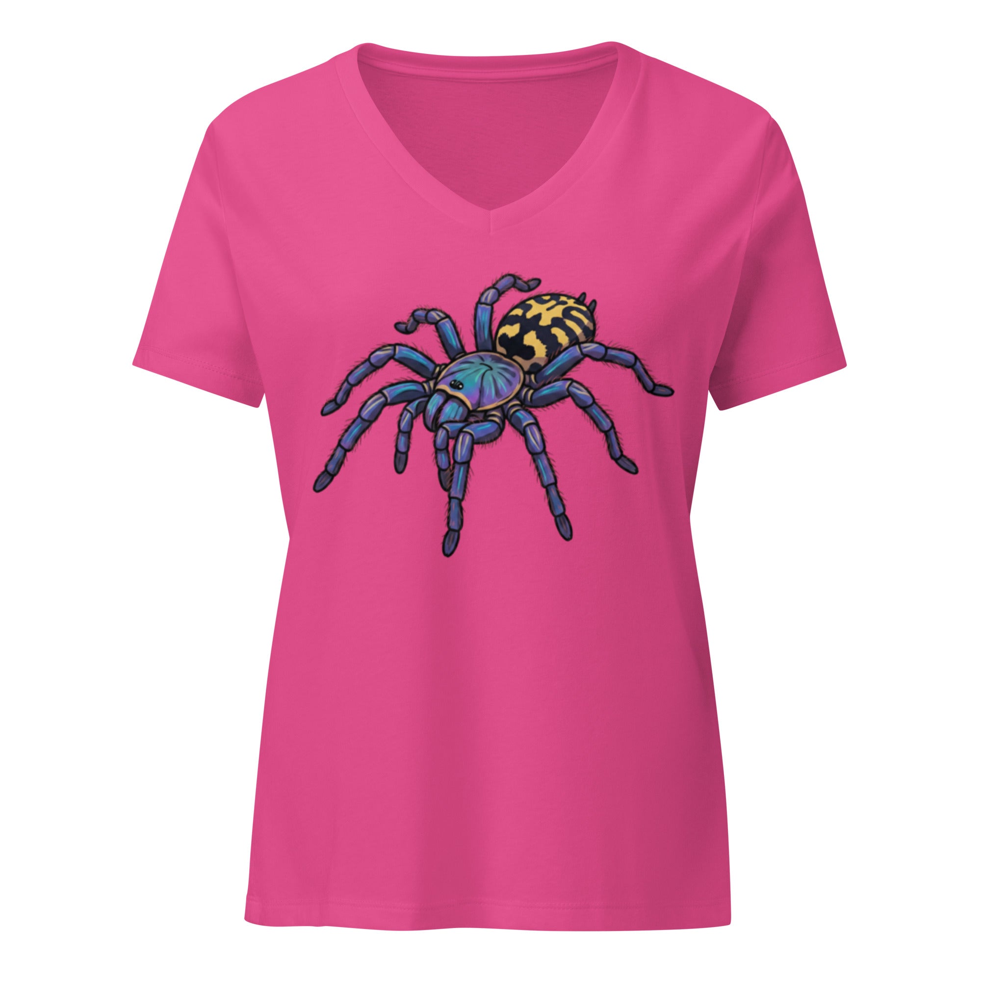 Pink v-neck t-shirt with a Psychadelic earth tiger spider graphic by Soon To Be Mythical