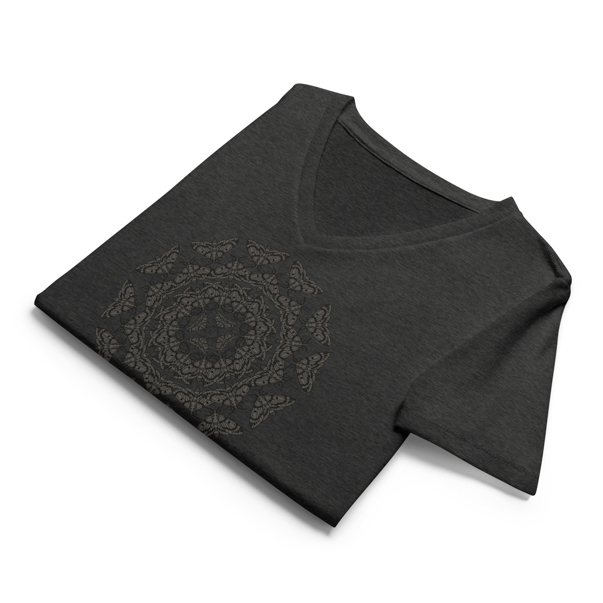Folded gray v-neck t-shirt with a geometric pattern of the Blackburn's sphynx moth by Soon To Be Mythical
