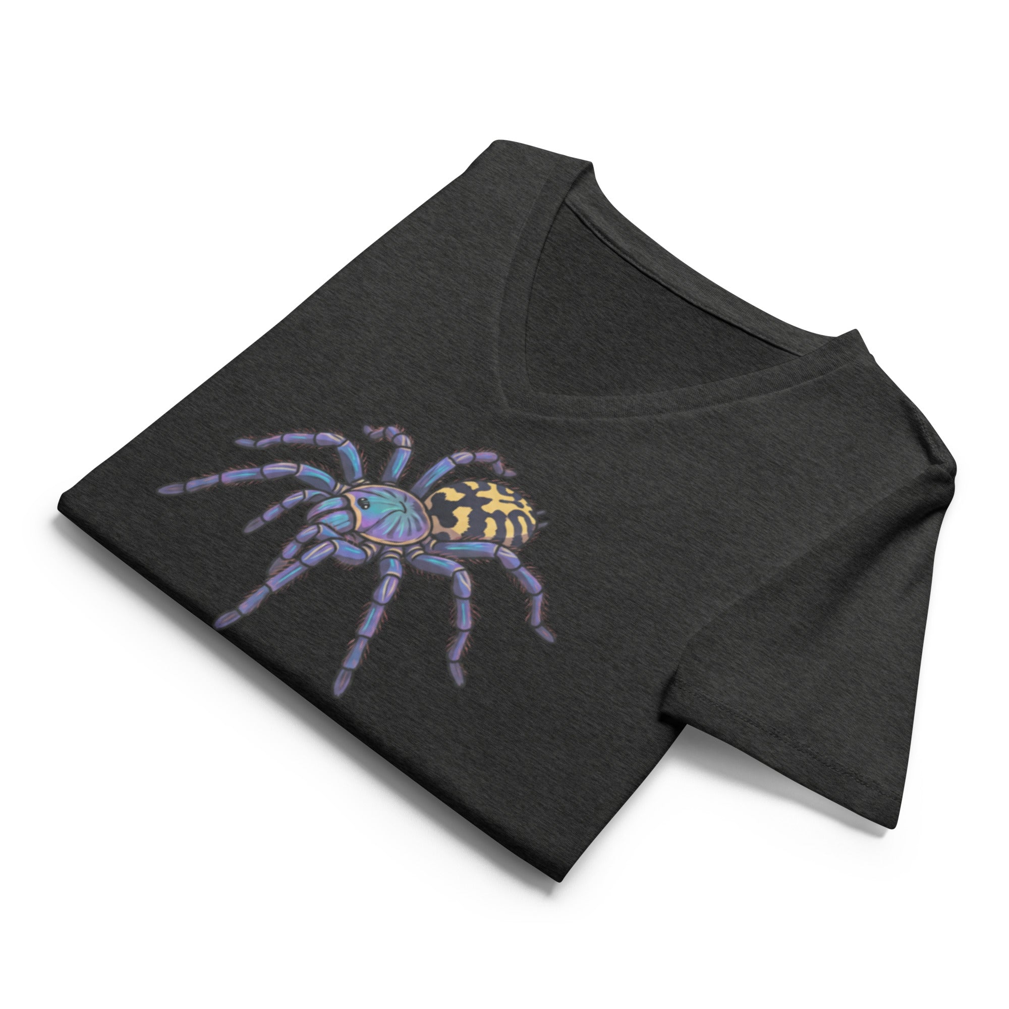 Folded dark gray v-neck t-shirt with a Psychadelic earth tiger spider graphic by Soon To Be Mythical