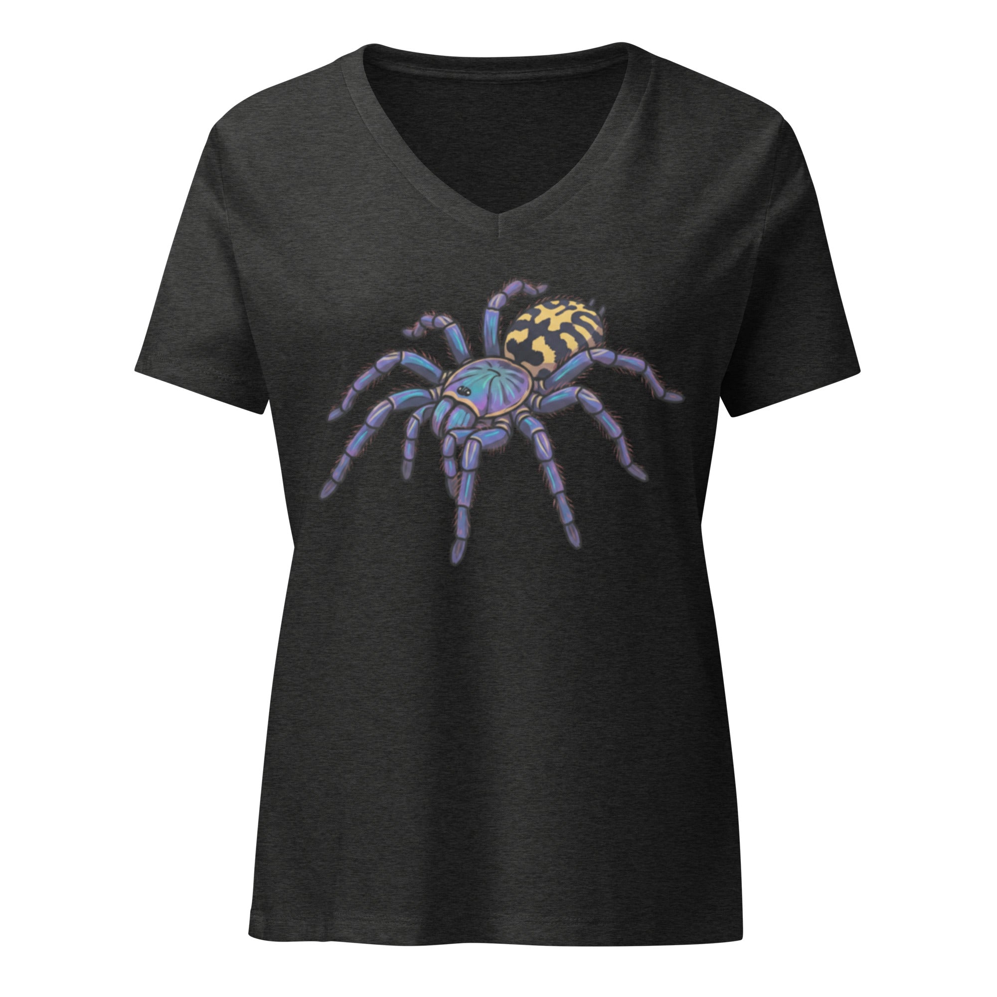 Dark gray v-neck t-shirt with a Psychadelic earth tiger spider graphic by Soon To Be Mythical