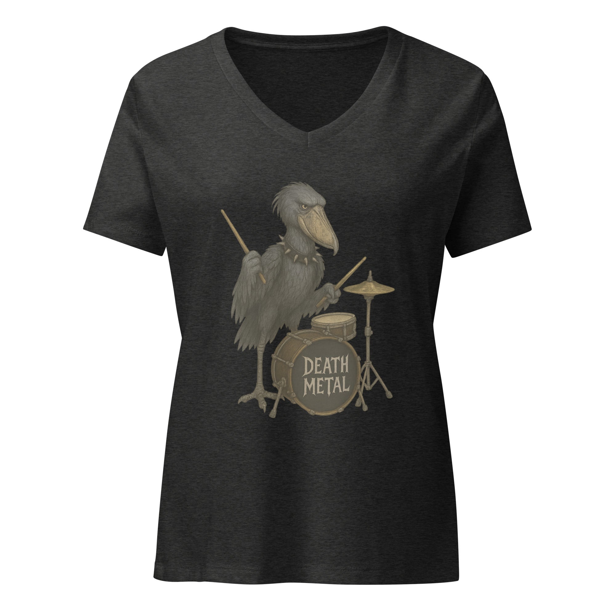 Black v-neck t-shirt with a graphic of a shoebill stork playing drums and 'DEATH METAL' text by Soon To Be Mythical