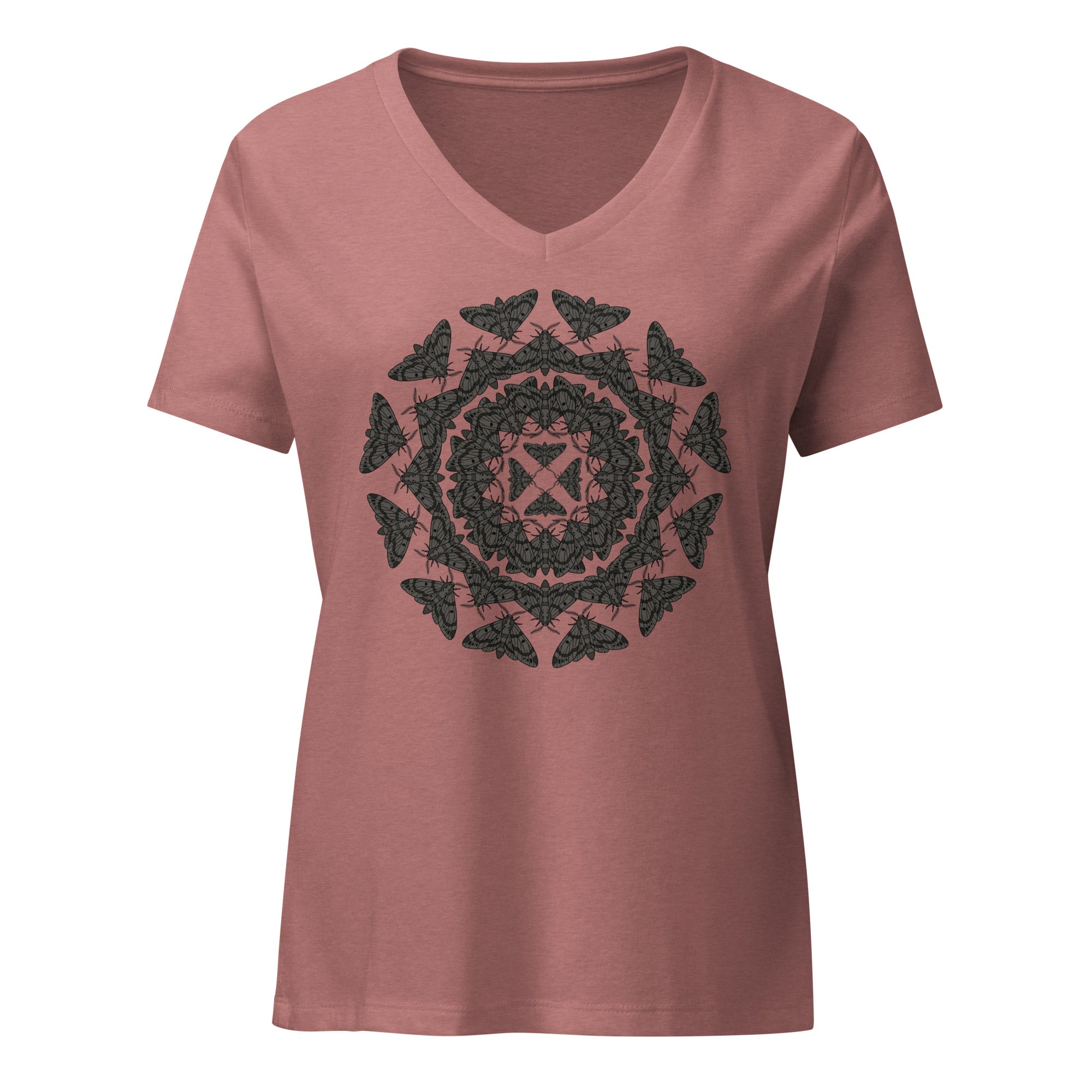 Mauve v-neck t-shirt with a geometric pattern of the Blackburn's sphynx moth by Soon To Be Mythical