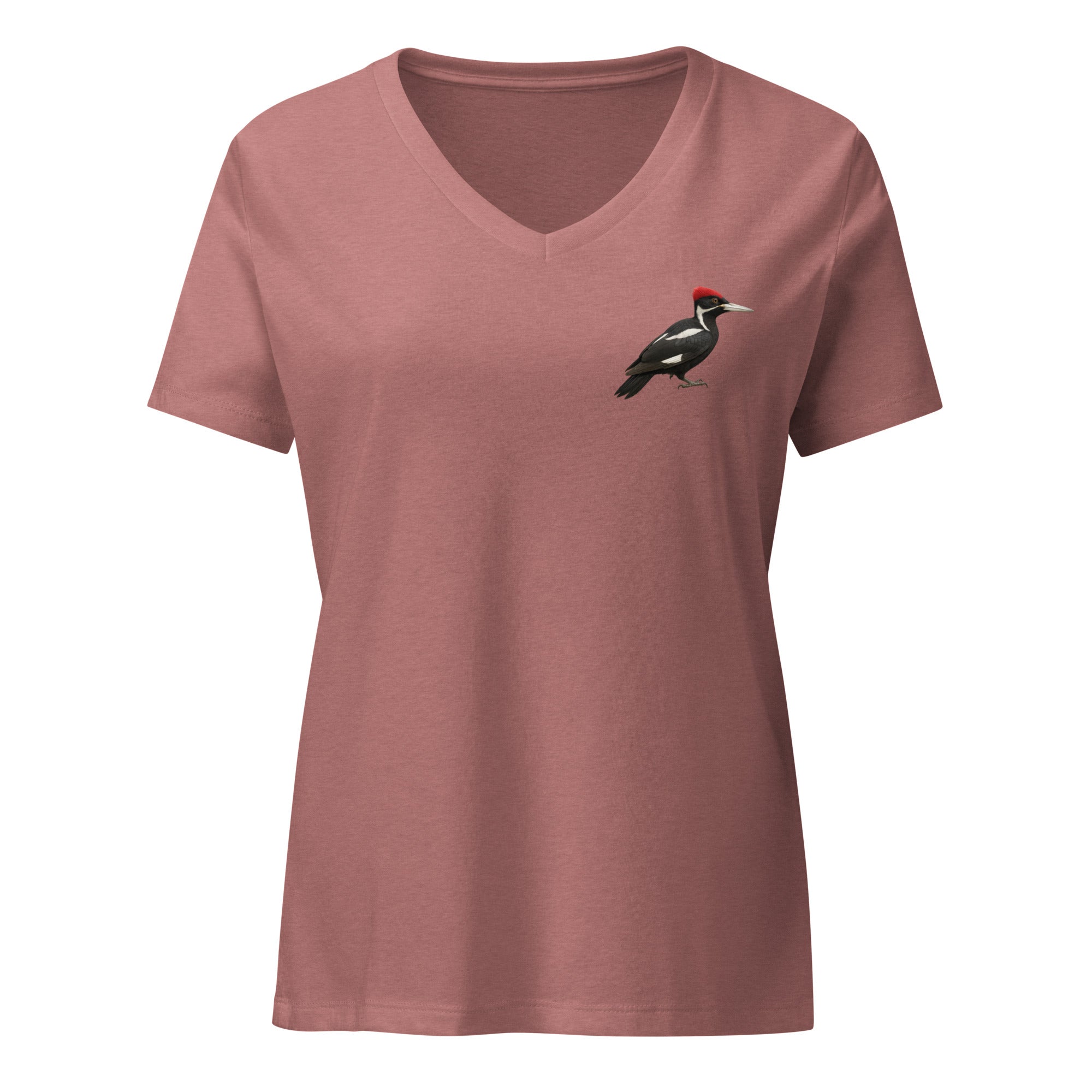 Mauve v-neck t-shirt with an ivory billed woodpecker design on the left chest by Soon To Be Mythical