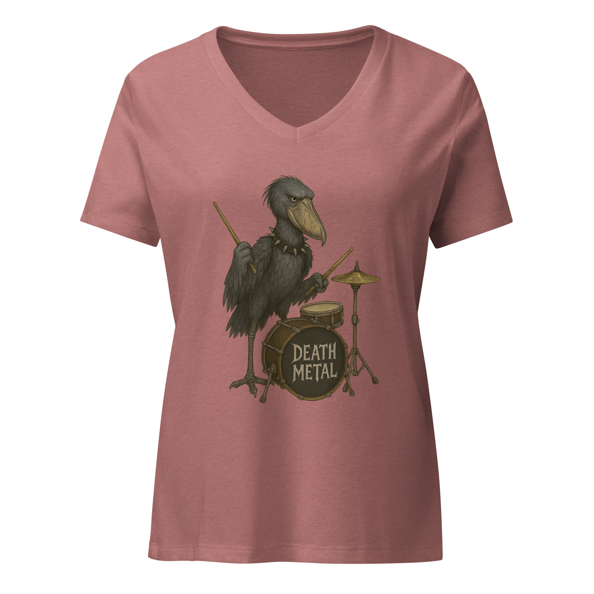 Mauve  v-neck t-shirt with a graphic of a shoebill stork playing drums and 'DEATH METAL' text by Soon To Be Mythical