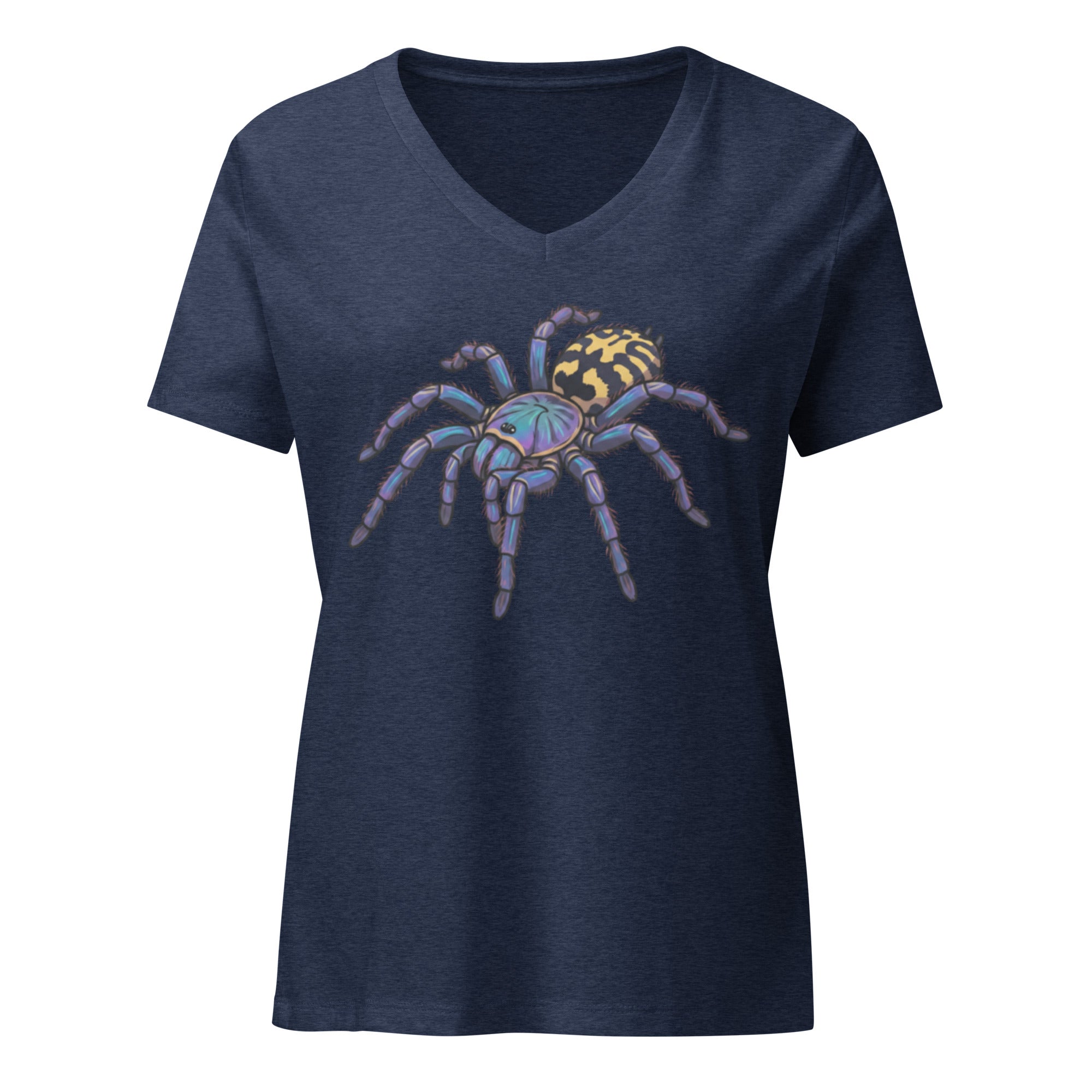 Navy blue v-neck t-shirt with a Psychadelic earth tiger spider graphic by Soon To Be Mythical