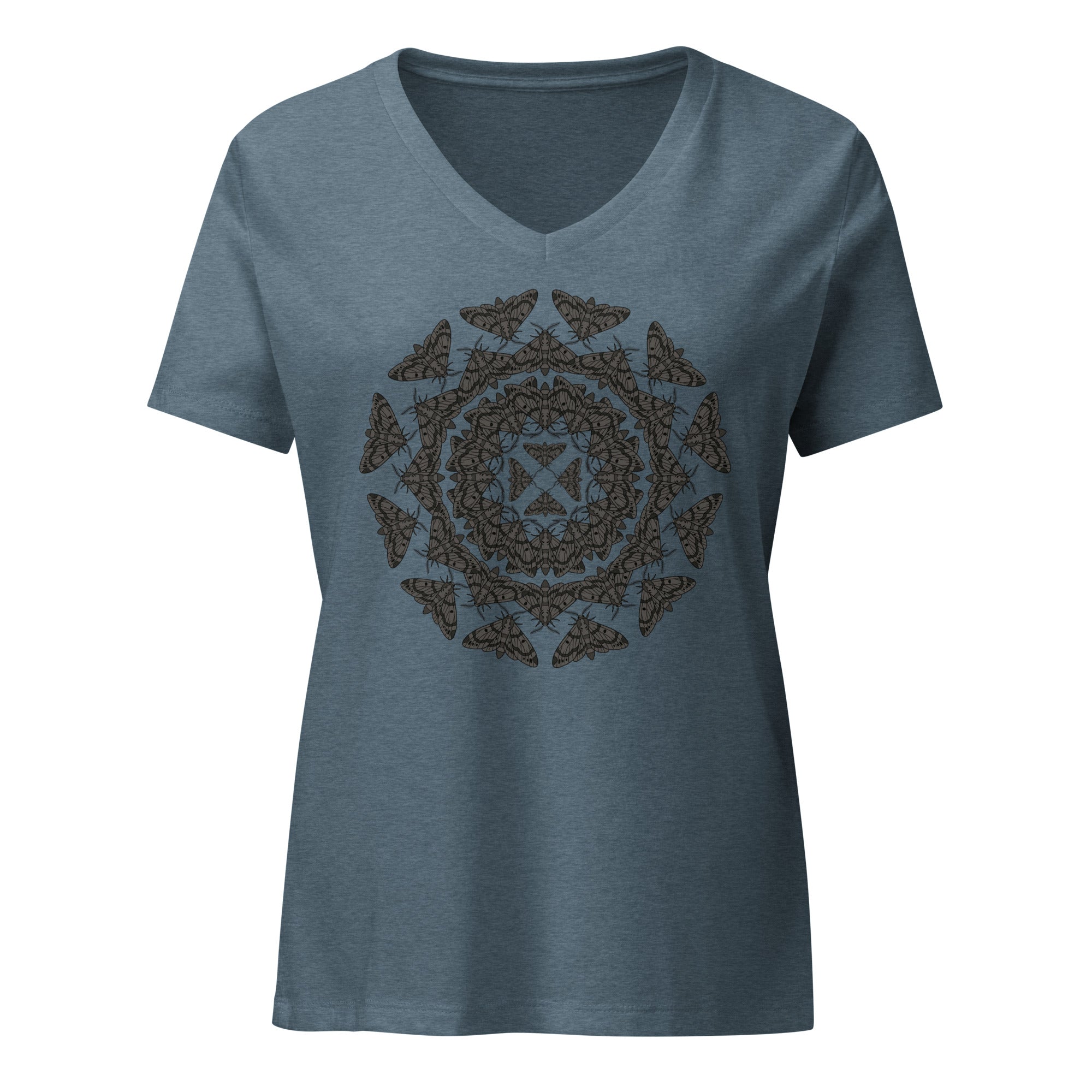 Blue t-shirt with a geometric pattern of the Blackburn's sphynx moth by Soon To Be Mythical