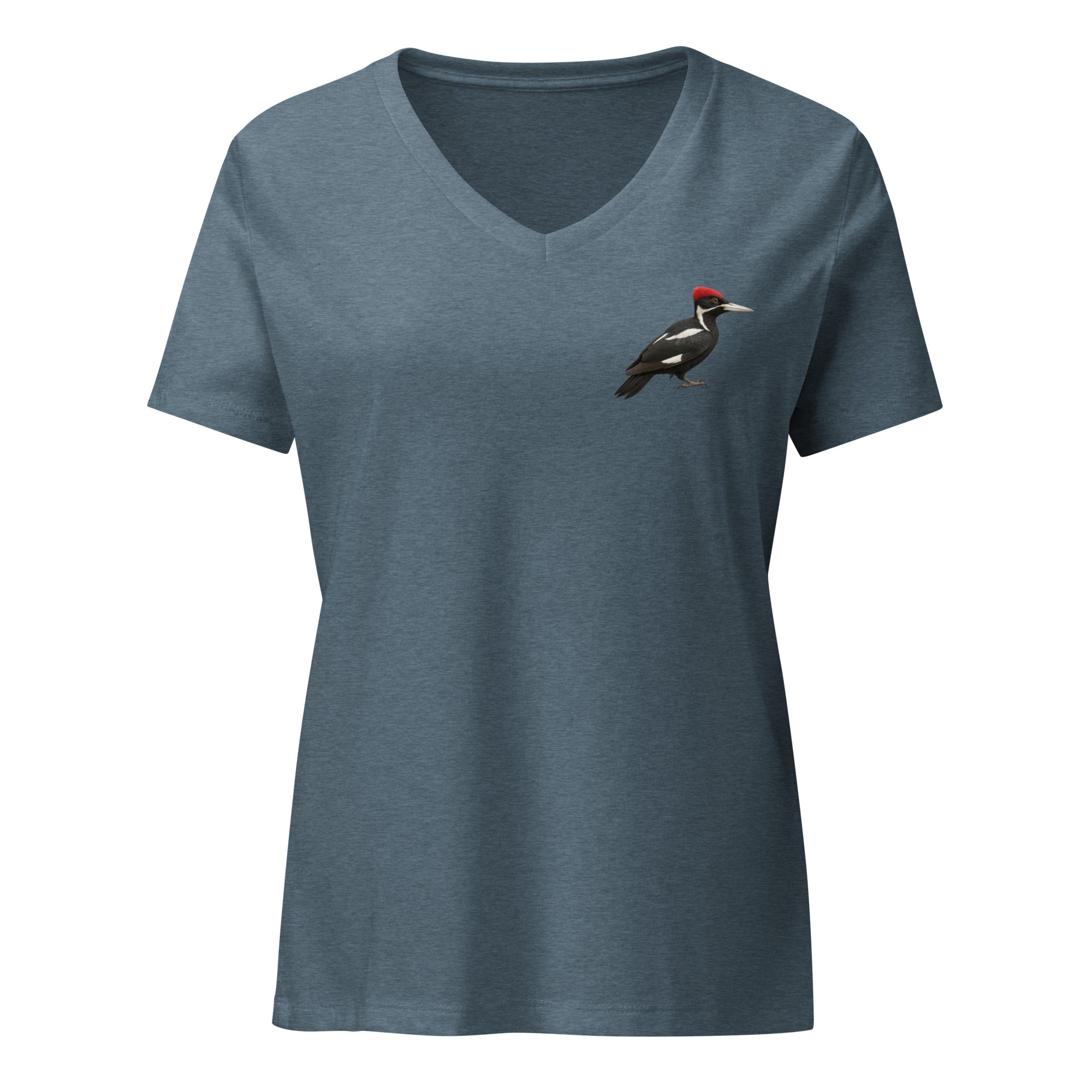 Blue v-neck t-shirt with an ivory billed woodpecker design on the left chest by Soon To Be Mythical