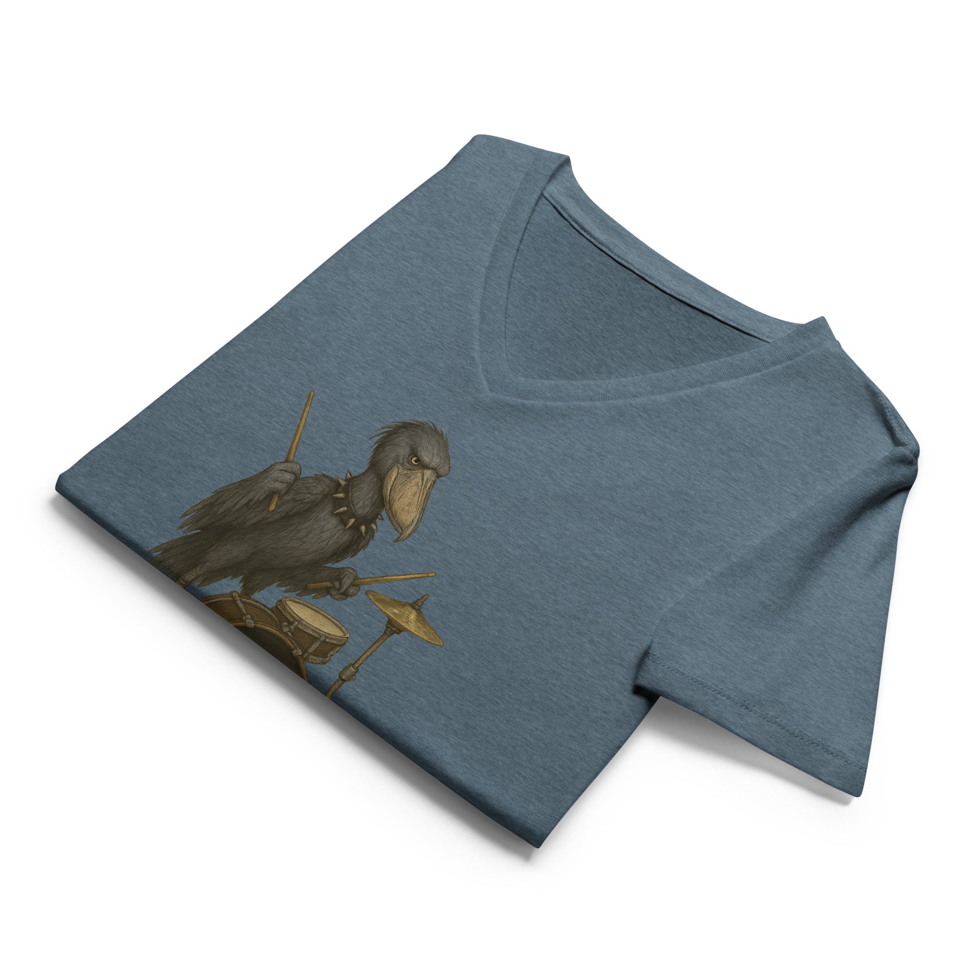Folded blue  v-neck t-shirt with a graphic of a shoebill stork playing drums and 'DEATH METAL' text by Soon To Be Mythical