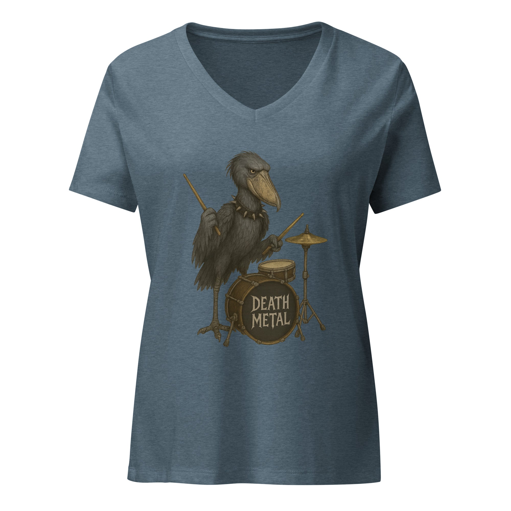 Blue  v-neck t-shirt with a graphic of a shoebill stork playing drums and 'DEATH METAL' text by Soon To Be Mythical
