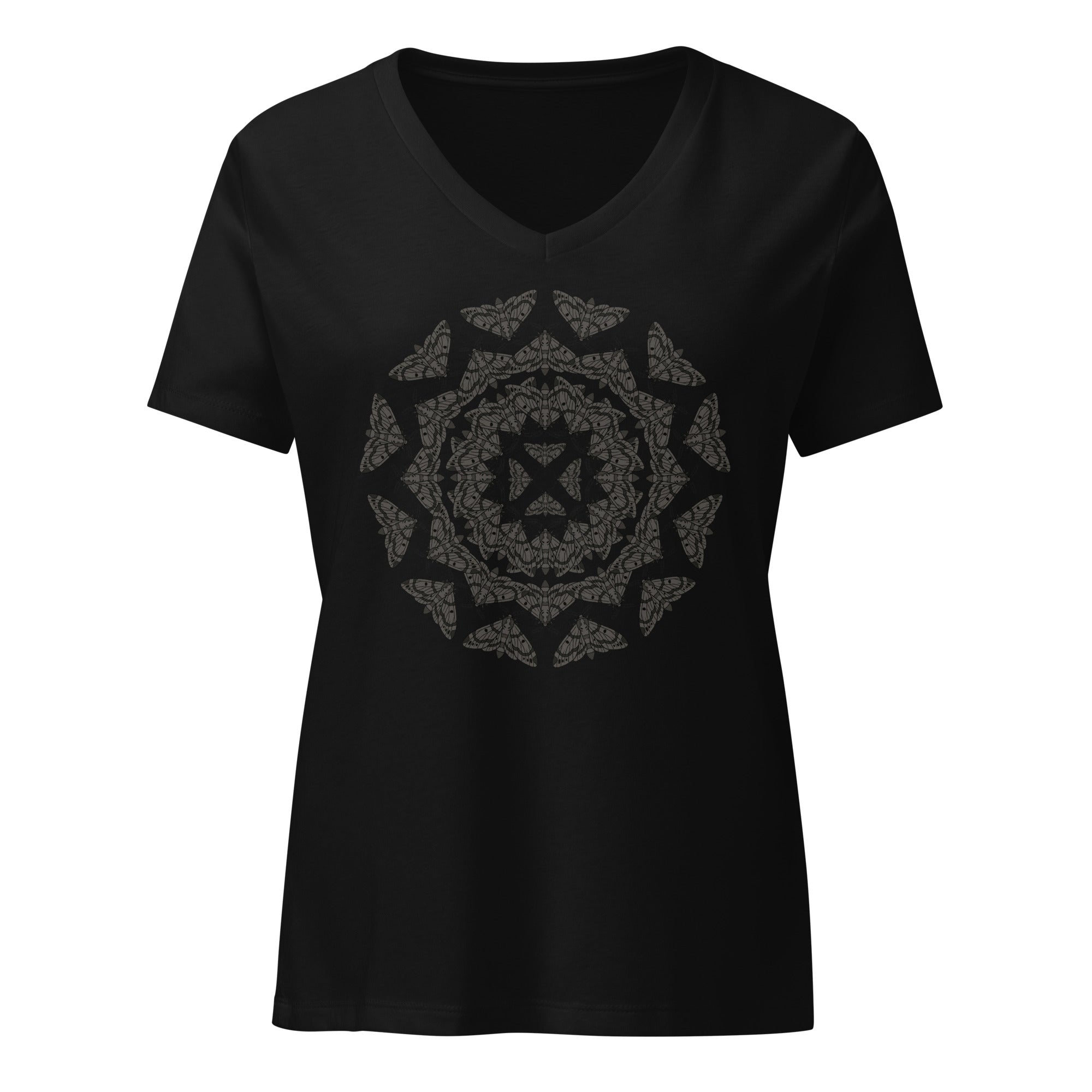 Black t-shirt with a geometric pattern of the Blackburn's sphynx moth by Soon To Be Mythical