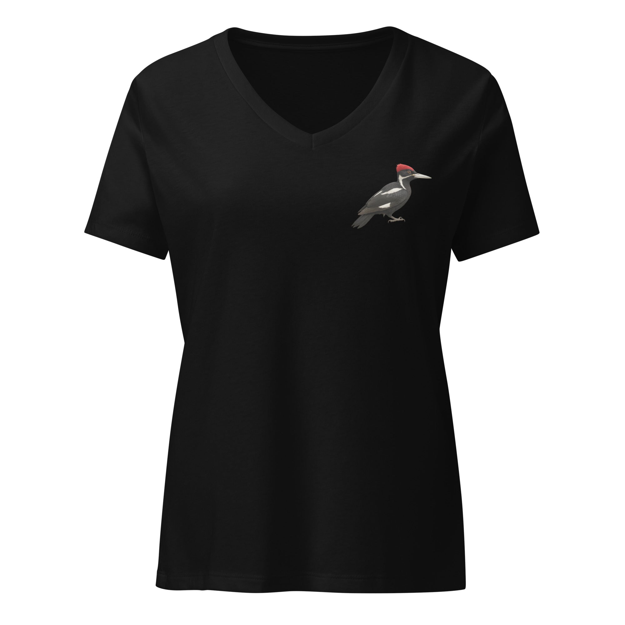 Black v-neck t-shirt with an ivory billed woodpecker design on the left chest by Soon To Be Mythical