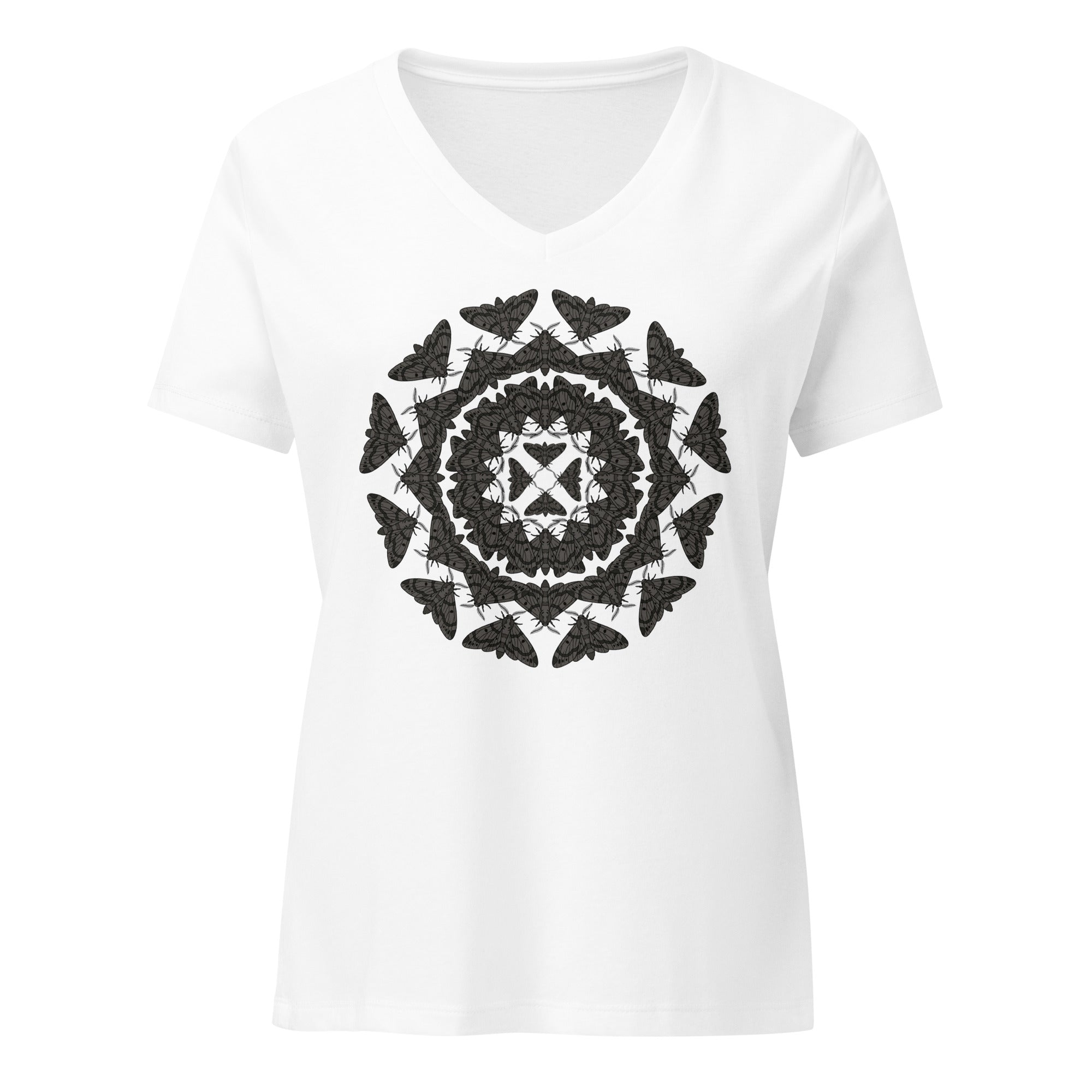 White v-neck t-shirt with a geometric pattern of the Blackburn's sphynx moth by Soon To Be Mythical