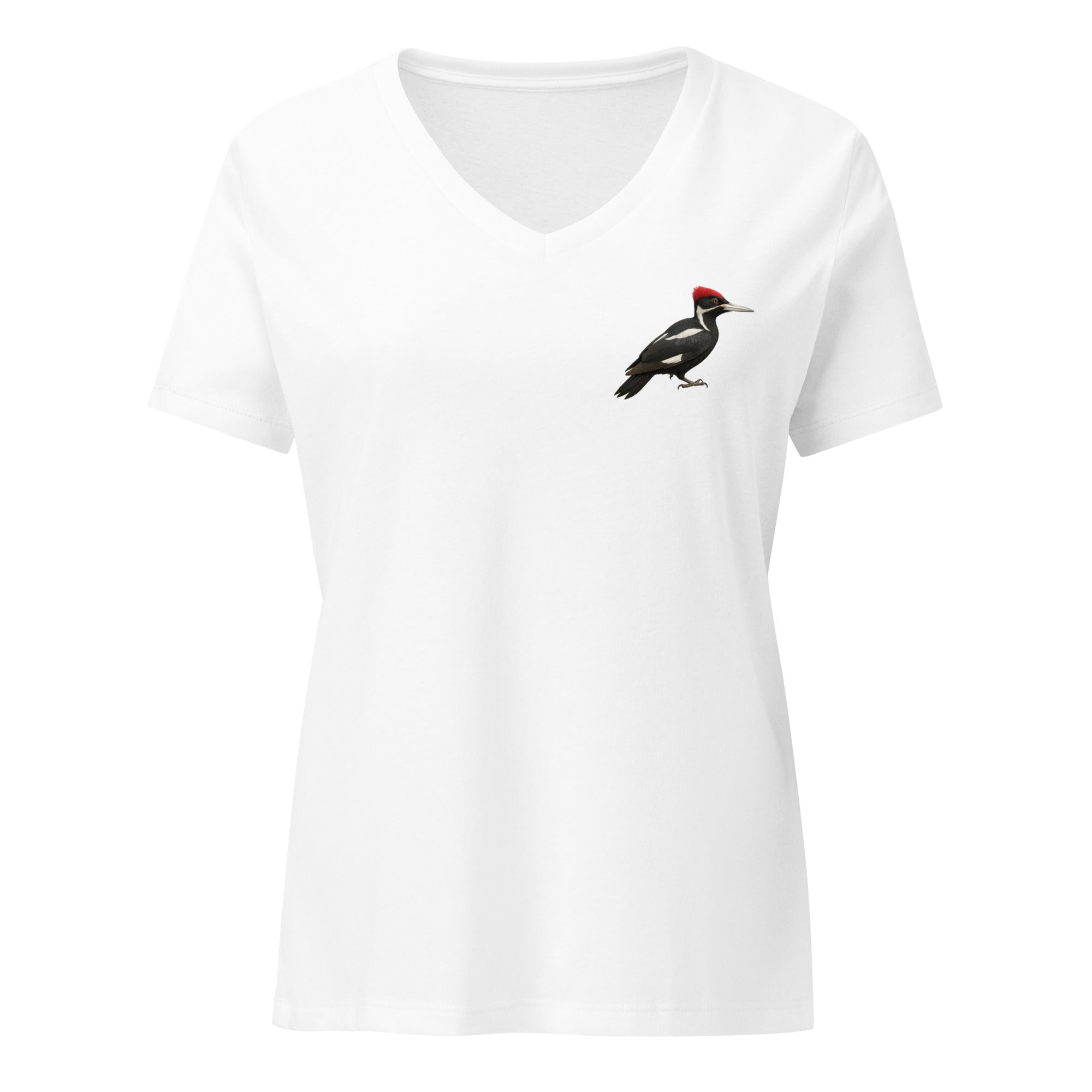White v-neck t-shirt with an ivory billed woodpecker design on the left chest by Soon To Be Mythical