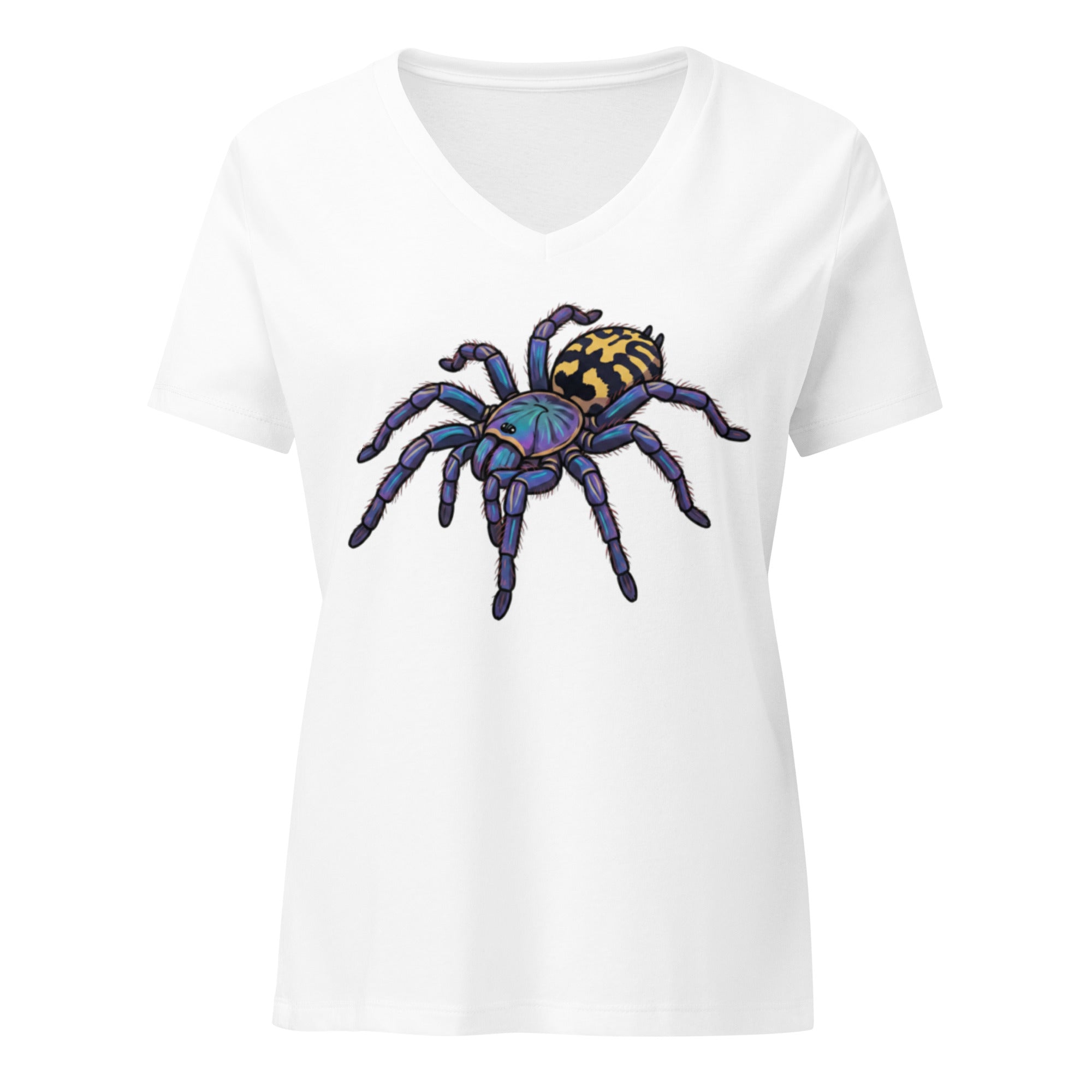 White v-neck t-shirt with a Psychadelic earth tiger spider graphic by Soon To Be Mythical