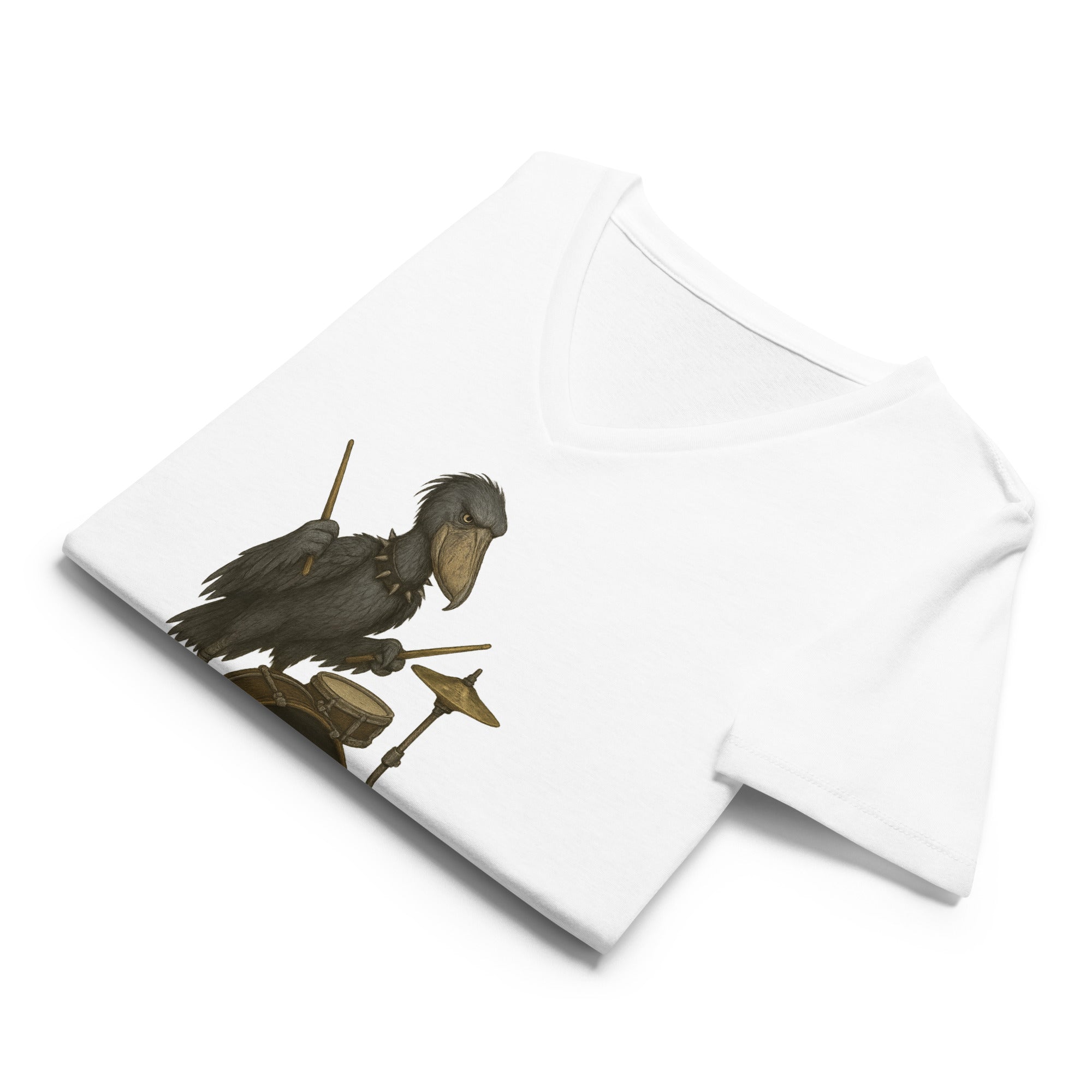 Folded white  v-neck t-shirt with a graphic of a shoebill stork playing drums and 'DEATH METAL' text by Soon To Be Mythical