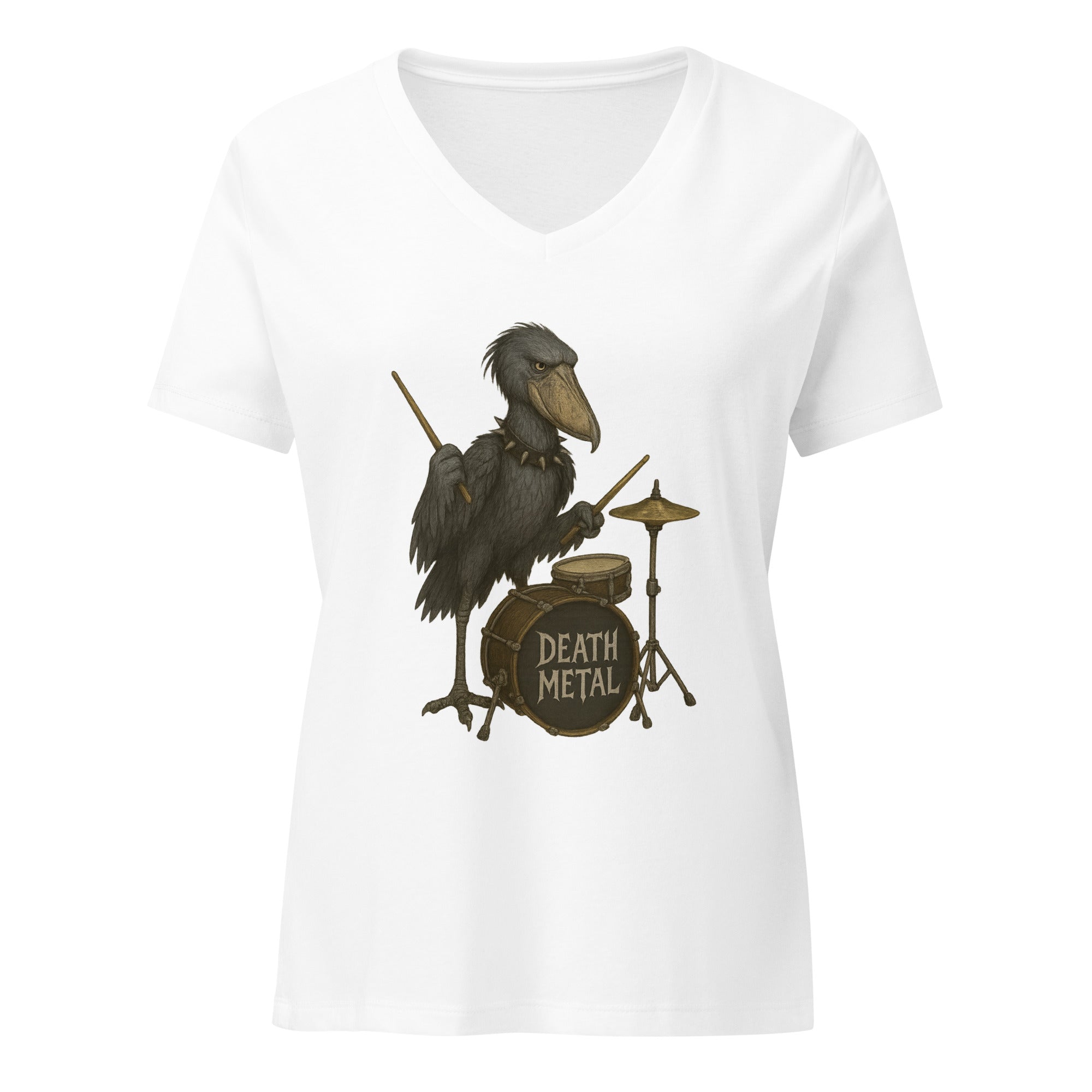 White  v-neck t-shirt with a graphic of a shoebill stork playing drums and 'DEATH METAL' text by Soon To Be Mythical