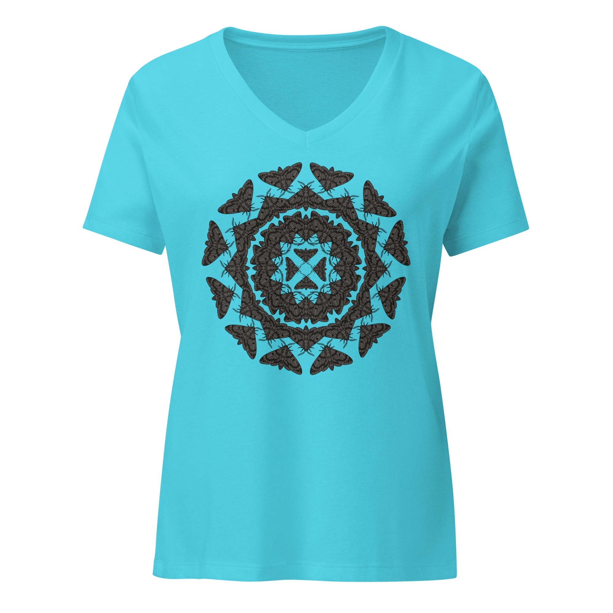 Teal v-neck t-shirt with a geometric pattern of the Blackburn's sphynx moth by Soon To Be Mythical
