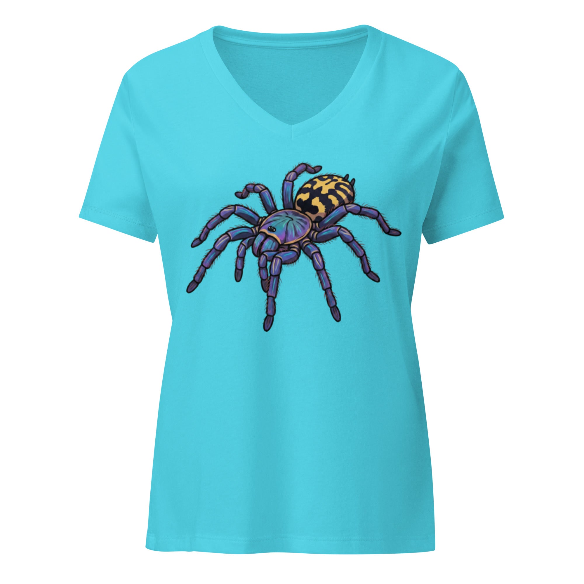 Teal v-neck t-shirt with a Psychadelic earth tiger spider graphic by Soon To Be Mythical